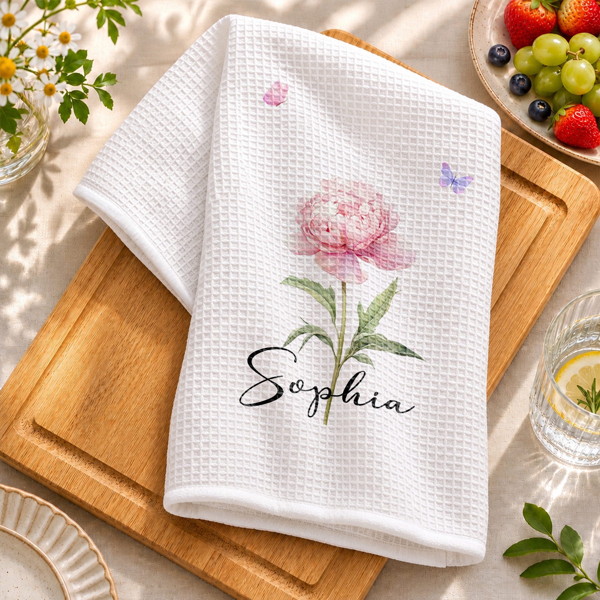Personalized Birth Month Flower Kitchen Towel with Butterflies Gift for Mom, Bestie, or Daughter