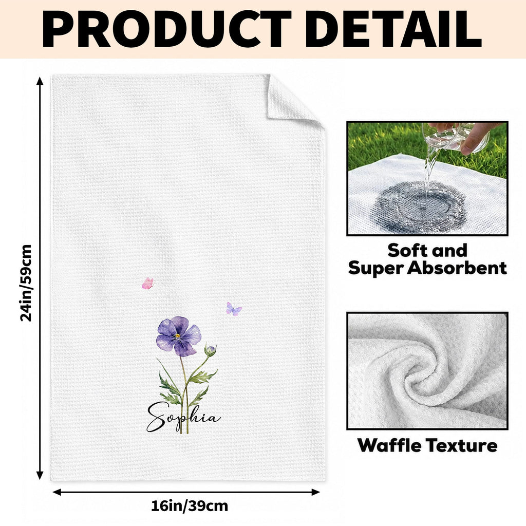Personalized Birth Month Flower Kitchen Towel with Butterflies Gift for Mom, Bestie, or Daughter