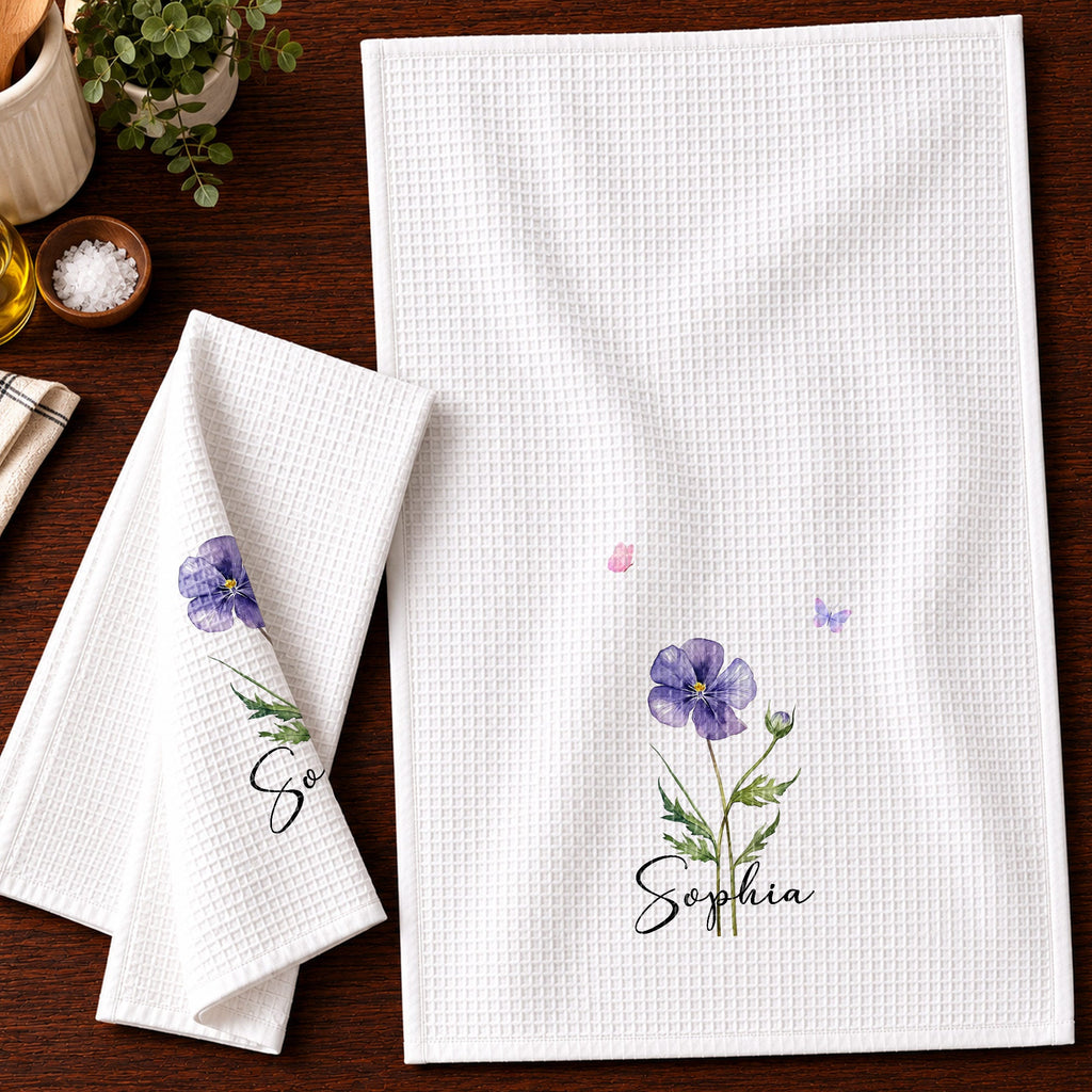 Personalized Birth Month Flower Kitchen Towel with Butterflies Gift for Mom, Bestie, or Daughter