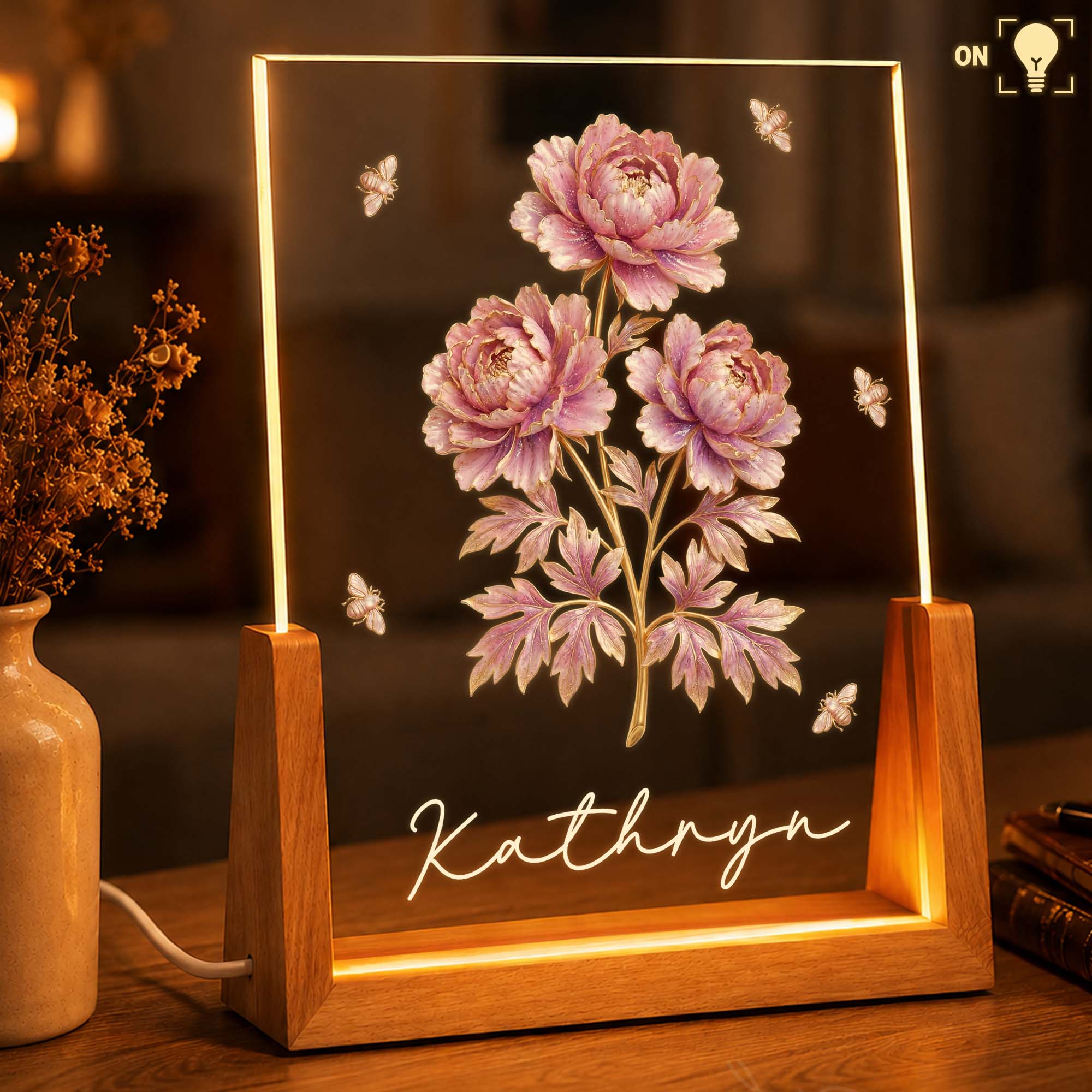 Personalized Birth Month Flowers Acrylic Night Light Gift for Mom Wood and Acrylic Night Light GradoCreations