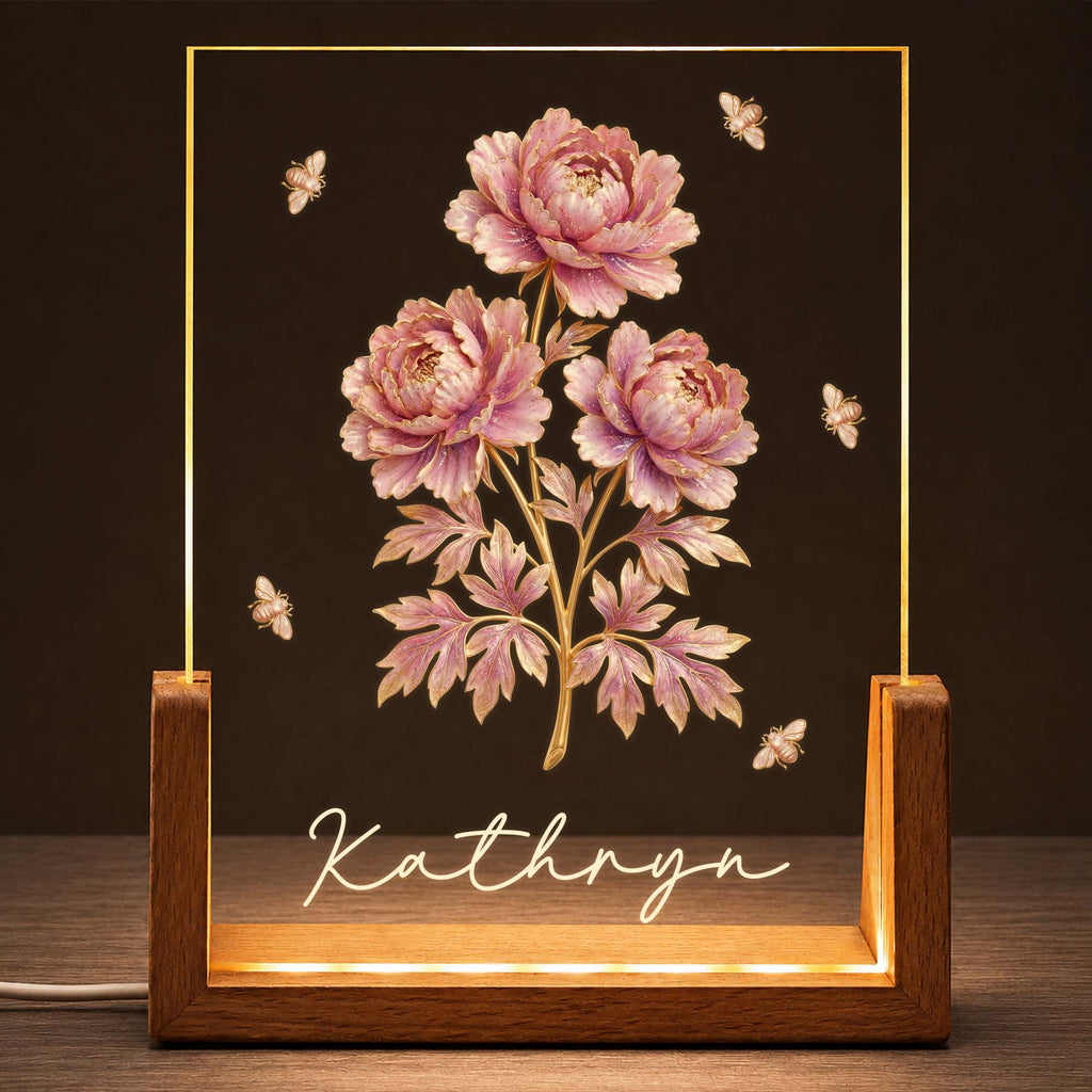 Personalized Birth Month Flowers Acrylic Night Light Gift for Mom Wood and Acrylic Night Light GradoCreations