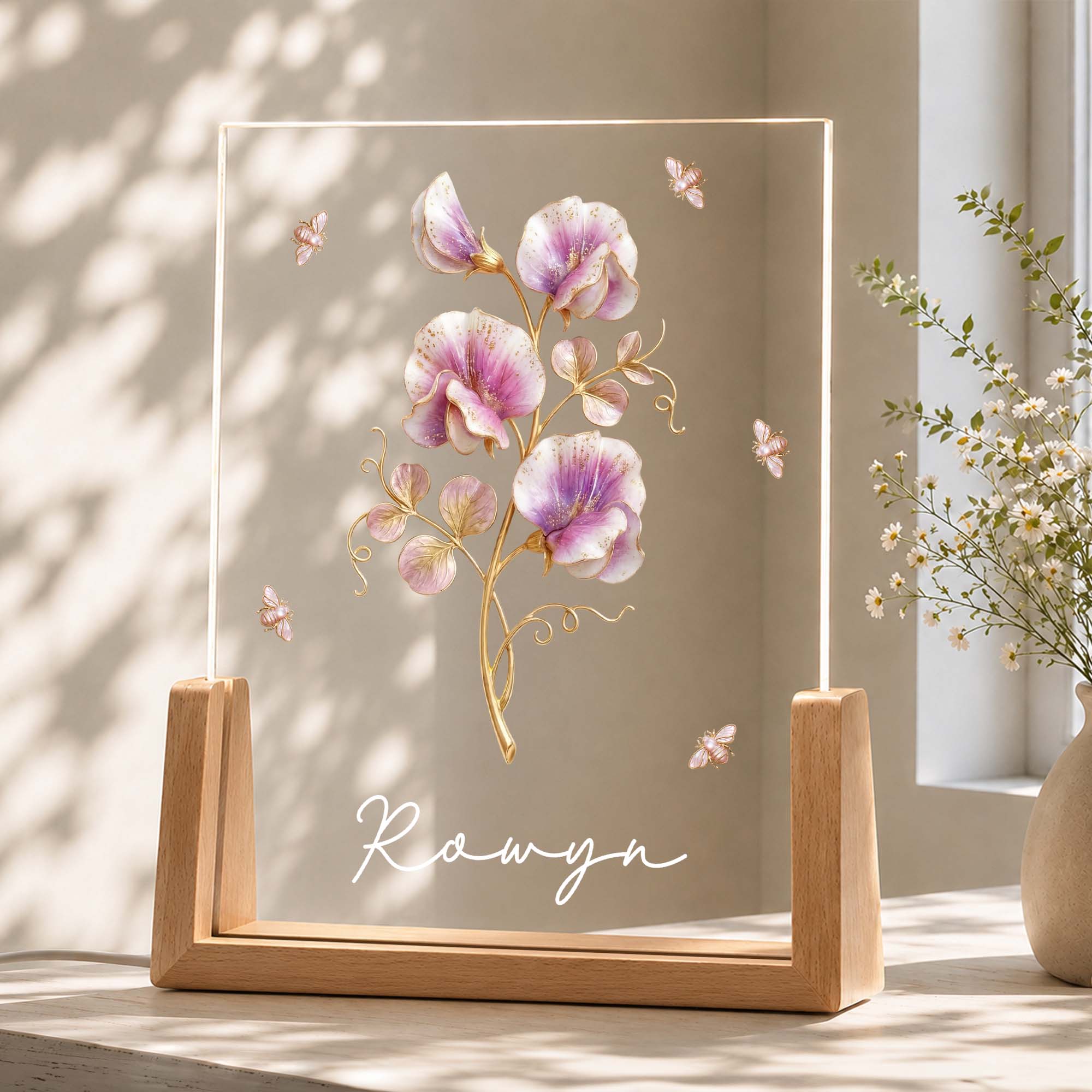 Personalized Birth Month Flowers Acrylic Night Light Gift for Mom Wood and Acrylic Night Light GradoCreations