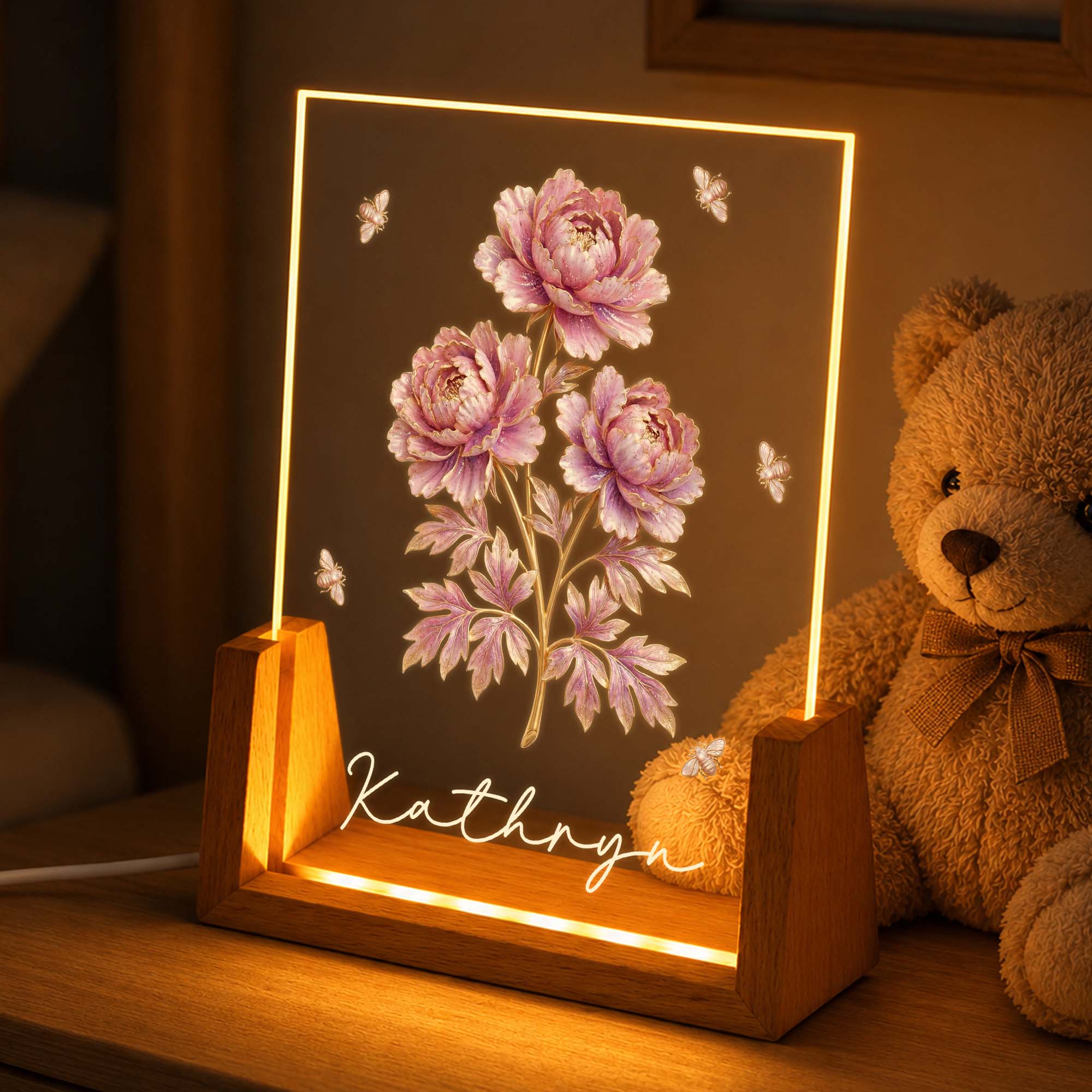 Personalized Birth Month Flowers Acrylic Night Light Gift for Mom Wood and Acrylic Night Light GradoCreations