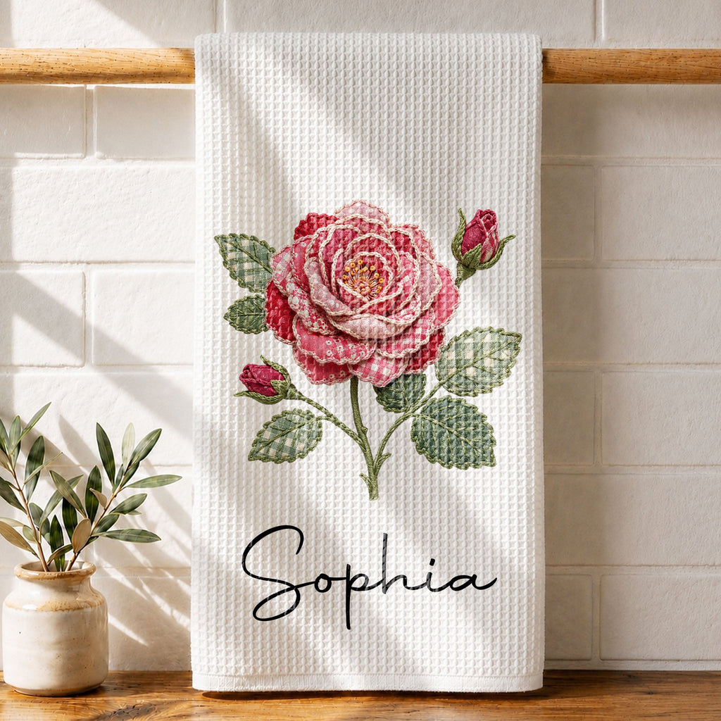 Personalized Faux Patchwork Kitchen Towel Custom Birth Month Flower Gift for Besties Kitchen Towel GradoCreations