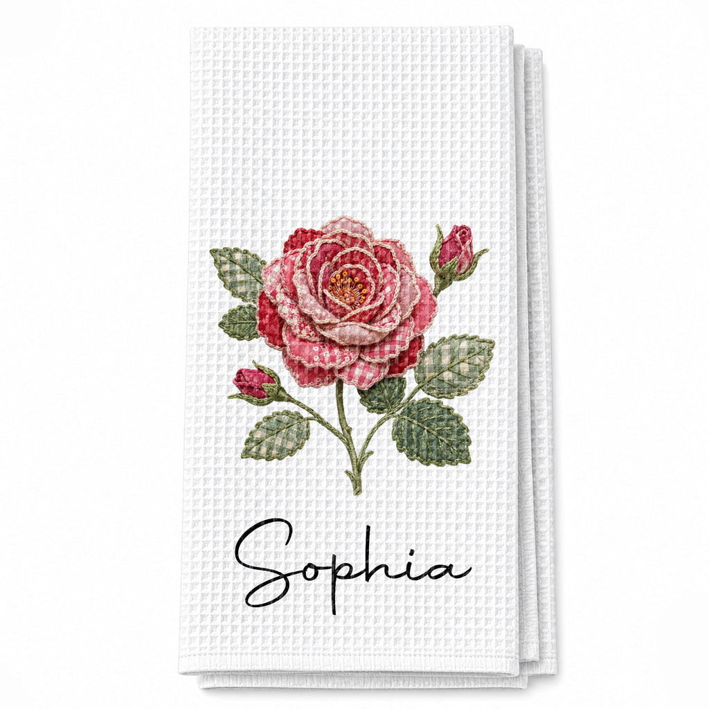 Personalized Faux Patchwork Kitchen Towel Custom Birth Month Flower Gift for Besties Kitchen Towel GradoCreations