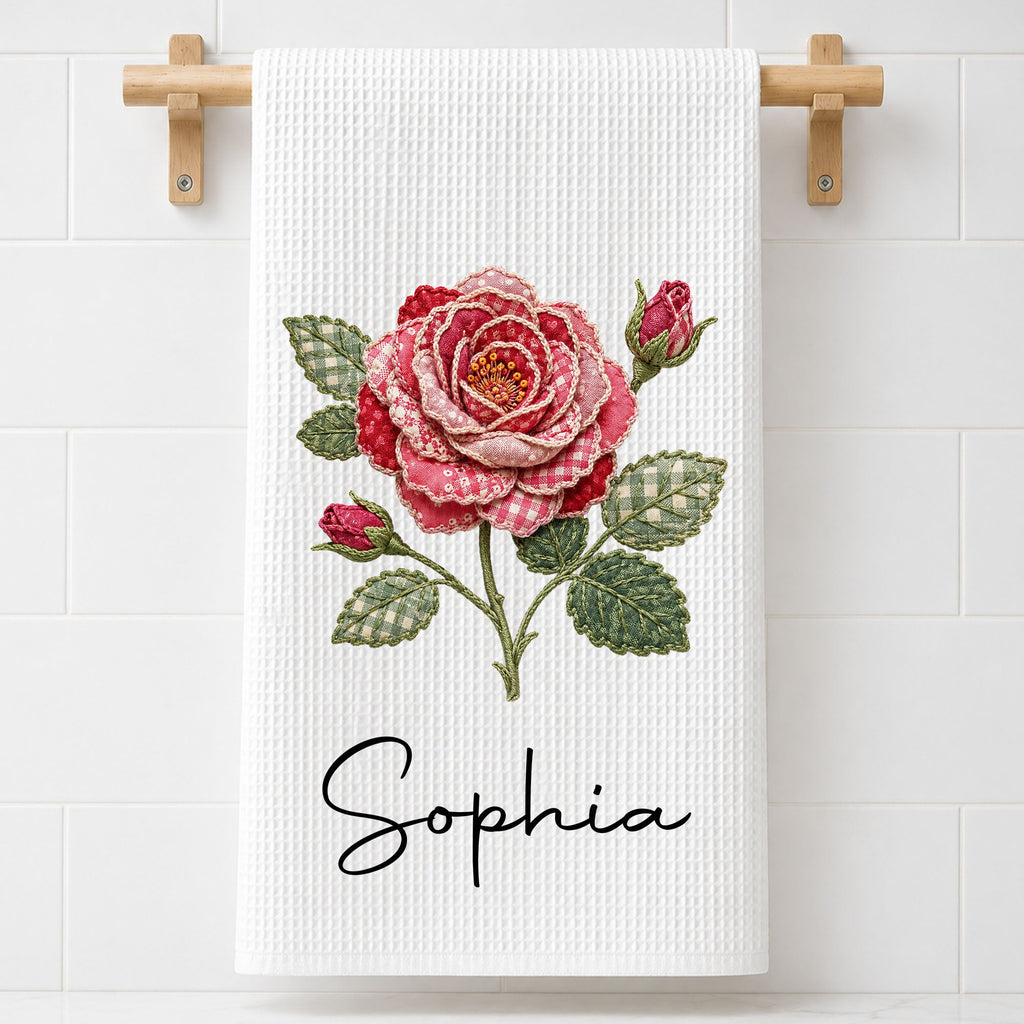 Personalized Faux Patchwork Kitchen Towel Custom Birth Month Flower Gift for Besties Kitchen Towel GradoCreations