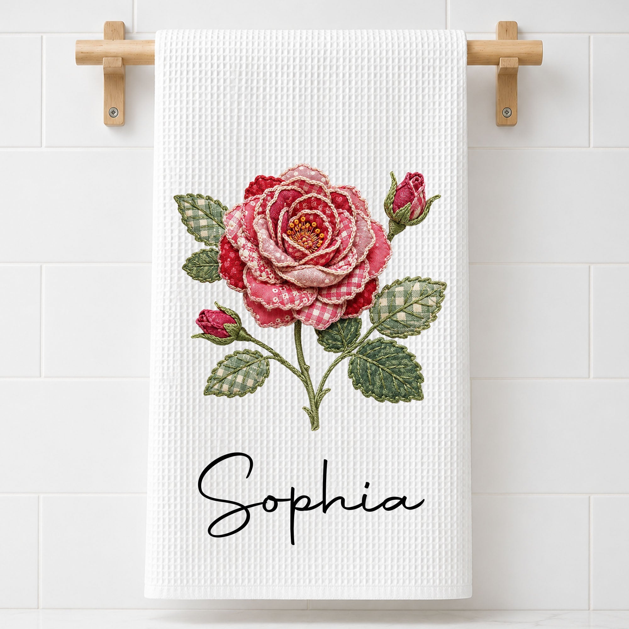 Personalized Faux Patchwork Kitchen Towel Custom Birth Month Flower Gift for Besties Kitchen Towel GradoCreations