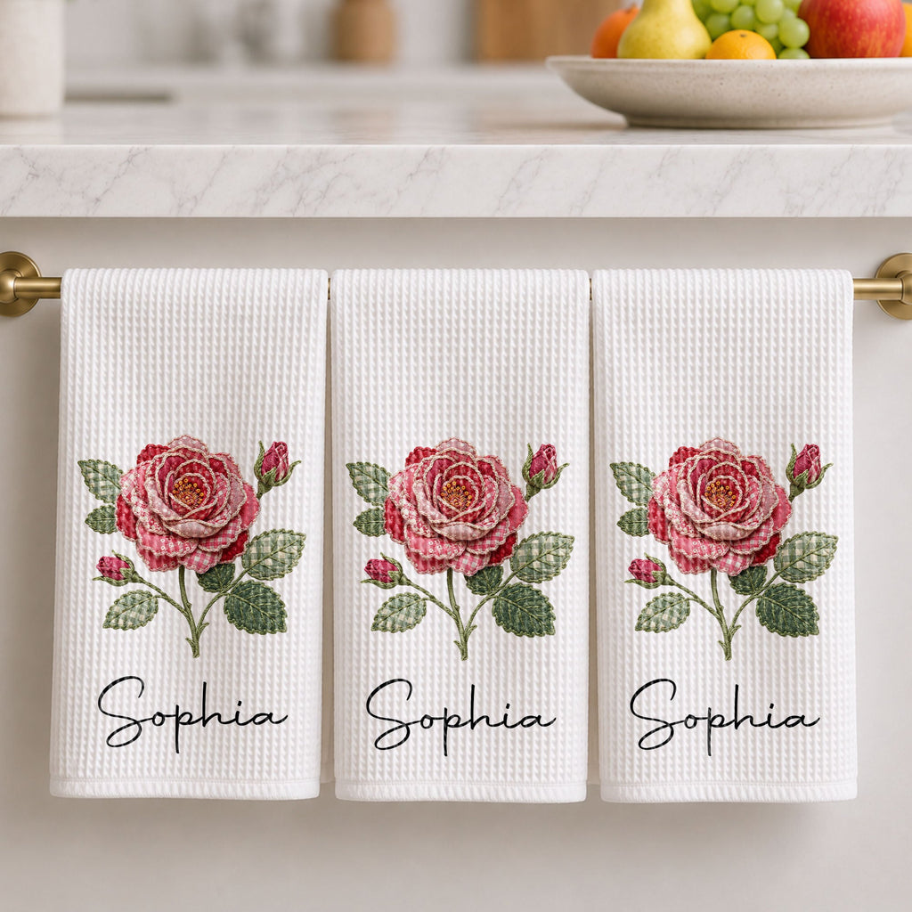 Personalized Faux Patchwork Kitchen Towel Custom Birth Month Flower Gift for Besties Kitchen Towel GradoCreations