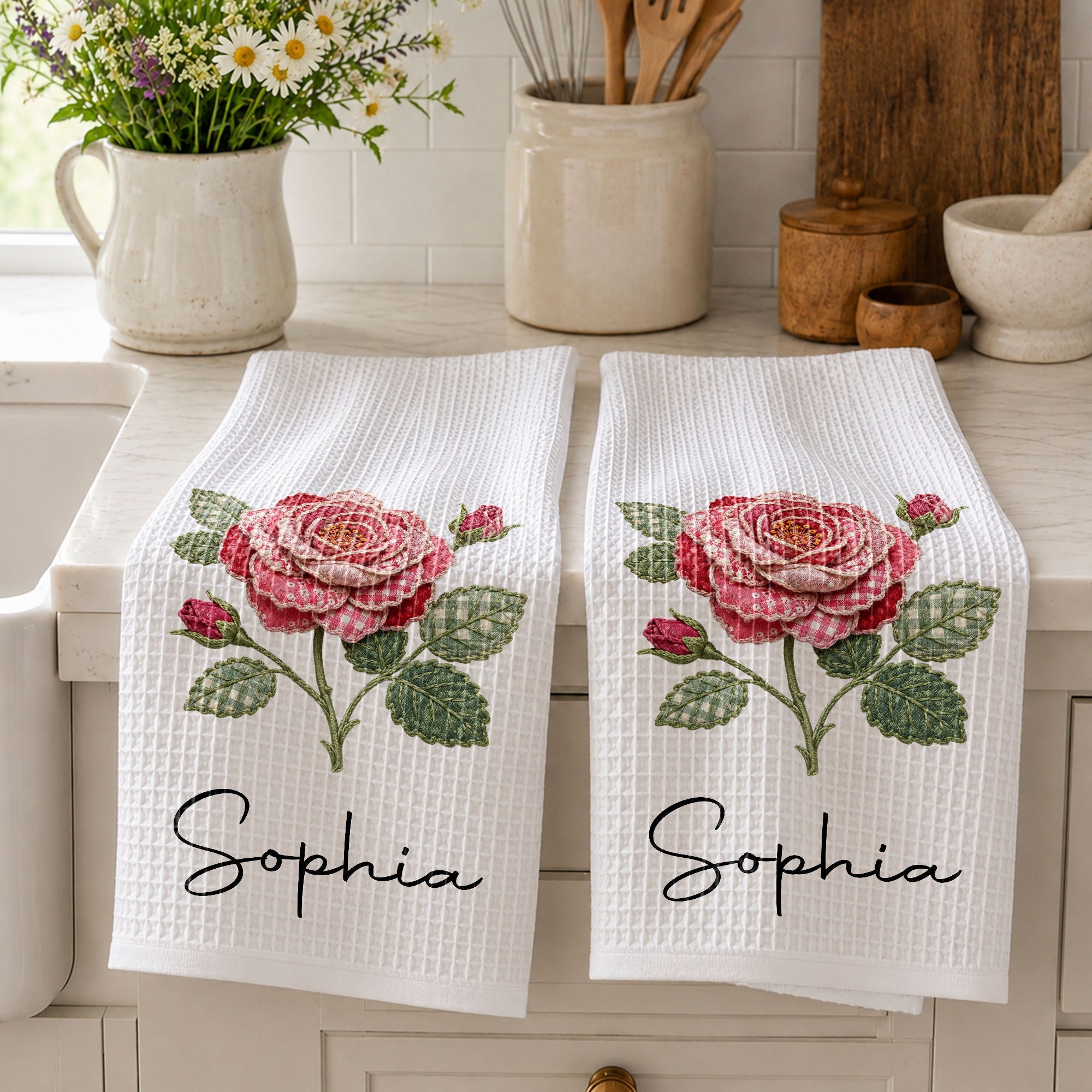 Personalized Faux Patchwork Kitchen Towel Custom Birth Month Flower Gift for Besties Kitchen Towel GradoCreations