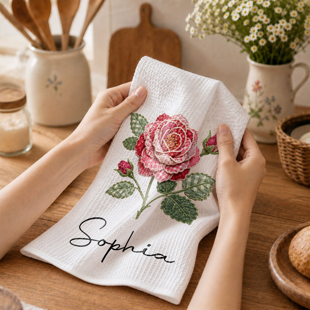Personalized Faux Patchwork Kitchen Towel Custom Birth Month Flower Gift for Besties Kitchen Towel GradoCreations