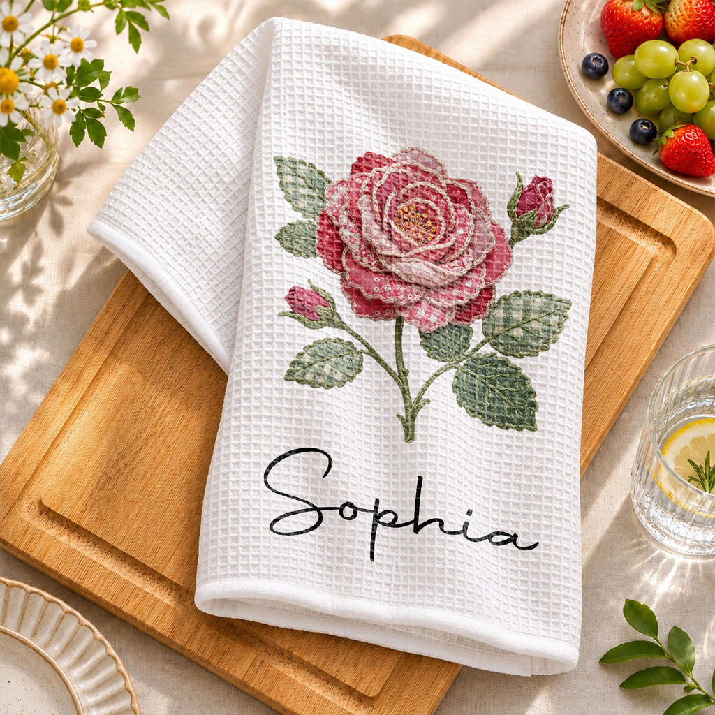 Personalized Faux Patchwork Kitchen Towel Custom Birth Month Flower Gift for Besties Kitchen Towel GradoCreations