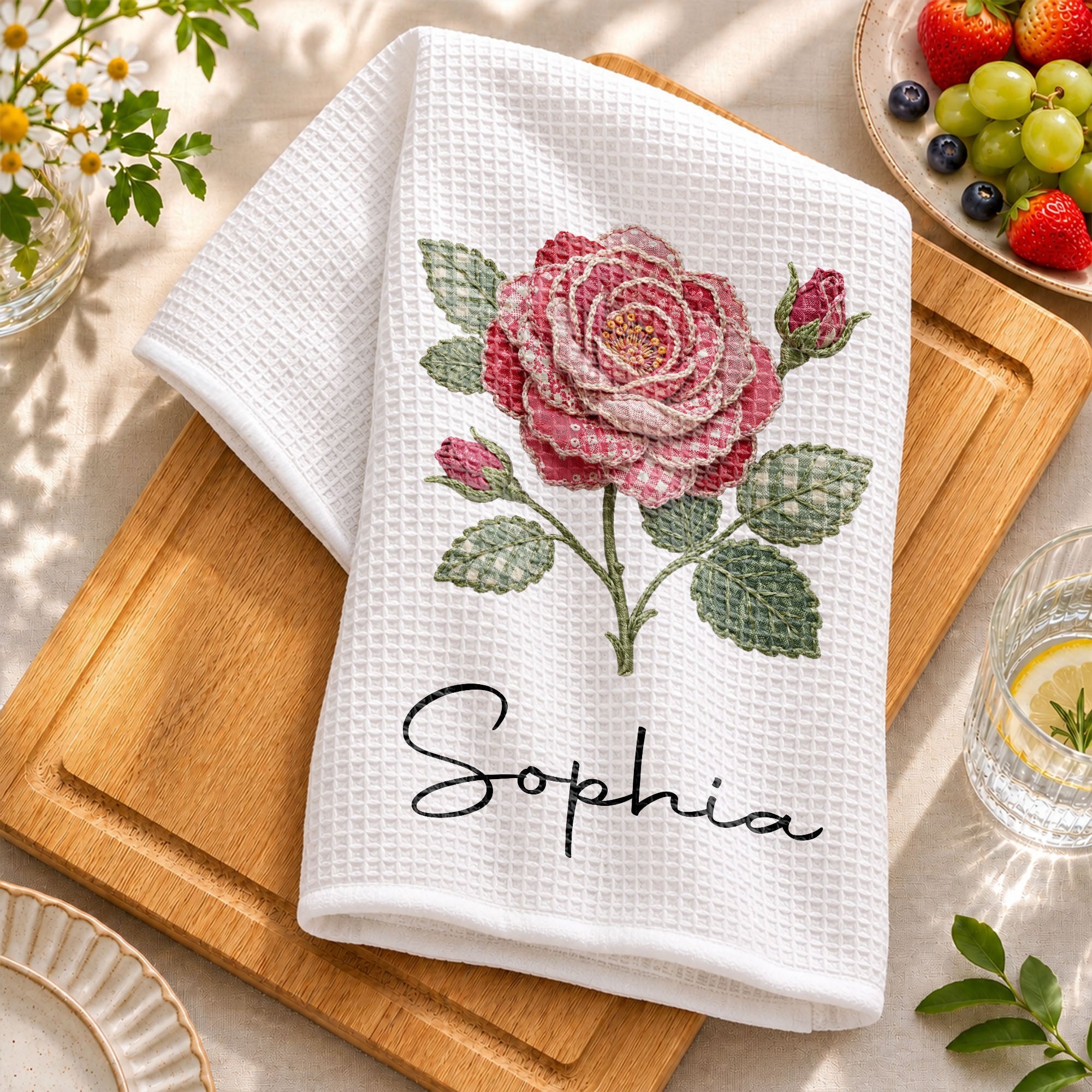 Personalized Faux Patchwork Kitchen Towel Custom Birth Month Flower Gift for Besties Kitchen Towel GradoCreations