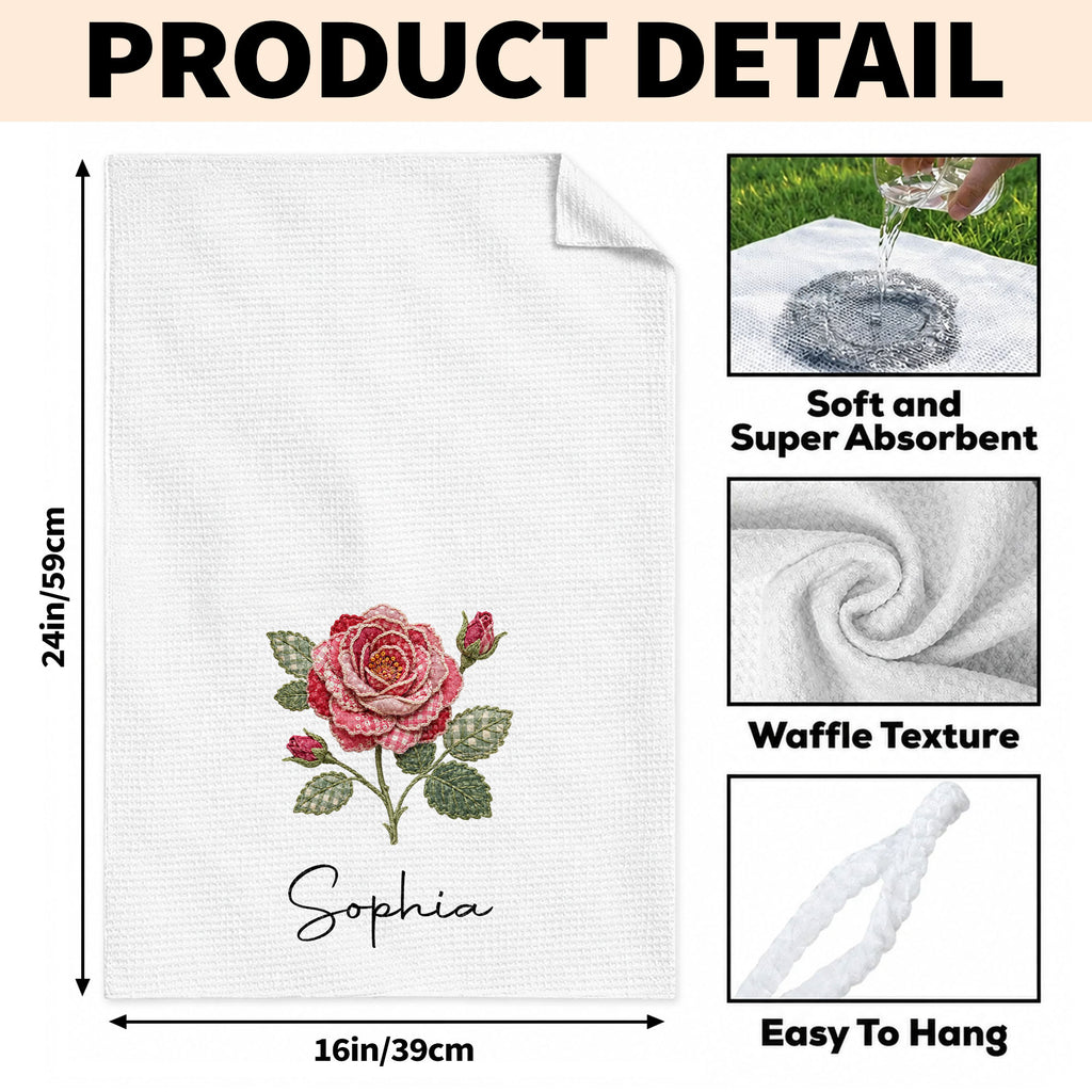 Personalized Faux Patchwork Kitchen Towel Custom Birth Month Flower Gift for Besties Kitchen Towel GradoCreations