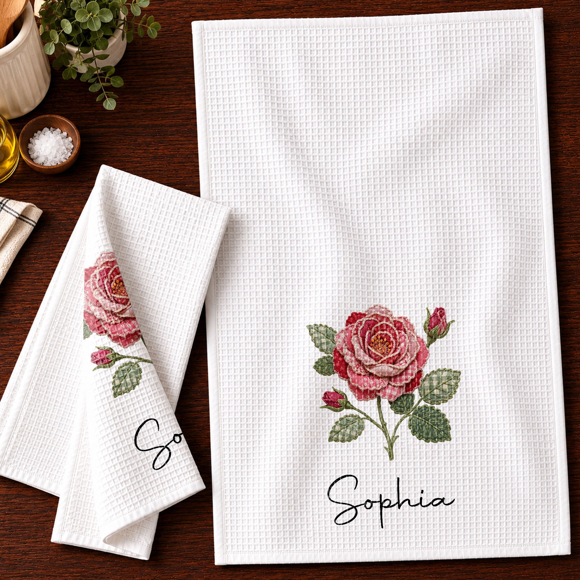 Personalized Faux Patchwork Kitchen Towel Custom Birth Month Flower Gift for Besties Kitchen Towel GradoCreations