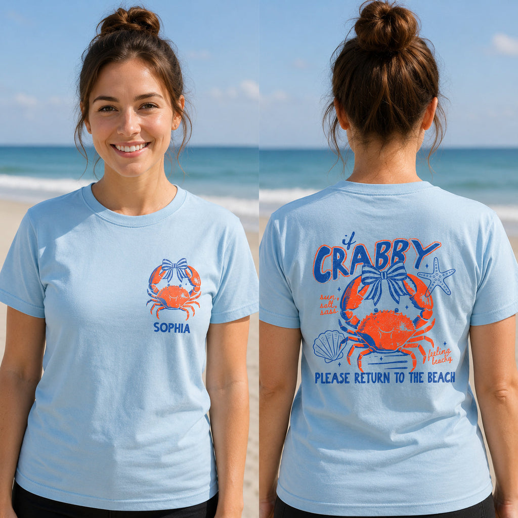 Personalized Beach T-Shirt Custom Name Crabby Design for Girls T-Shirt Font and Back GradoCreations