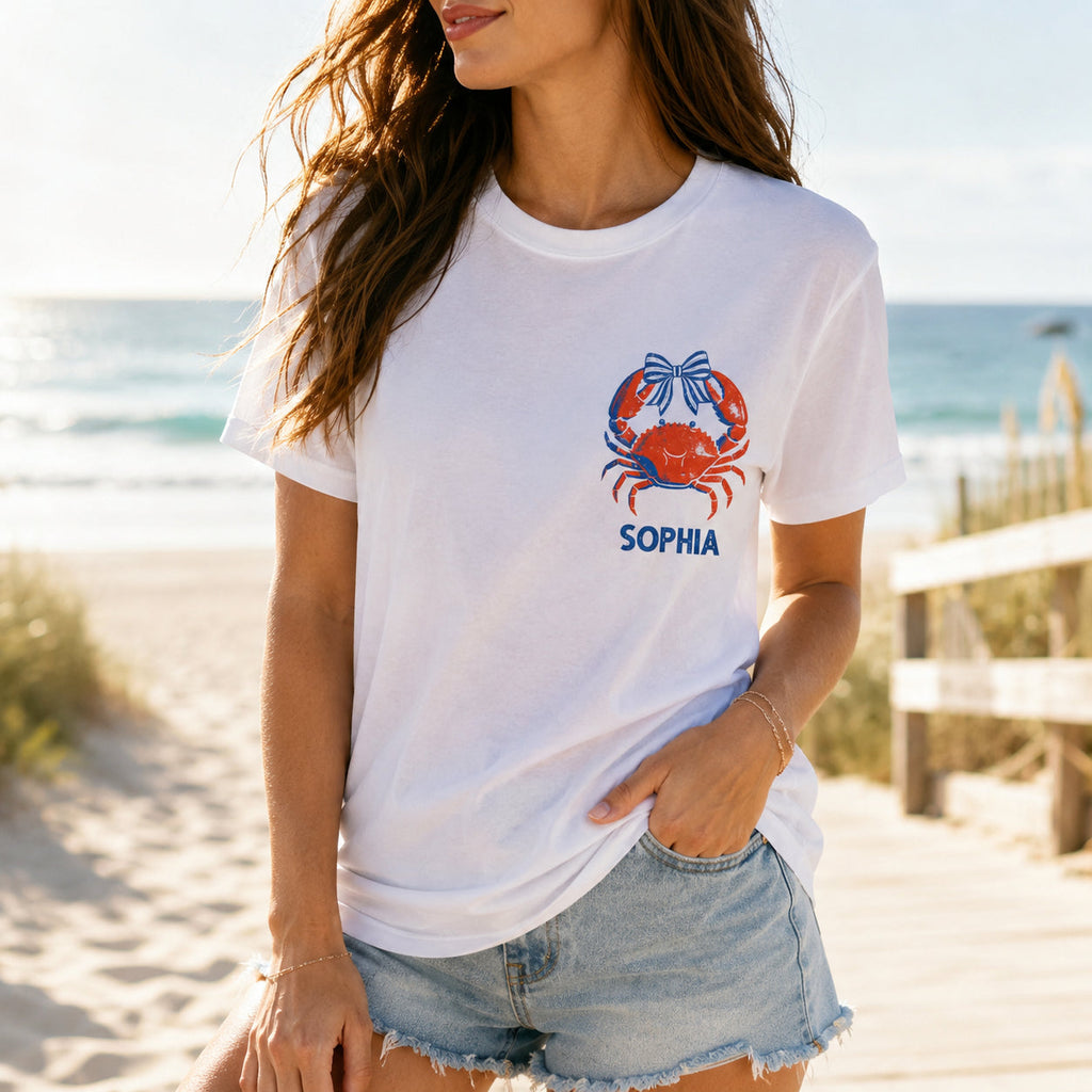 Personalized Beach T-Shirt Custom Name Crabby Design for Girls T-Shirt Font and Back GradoCreations