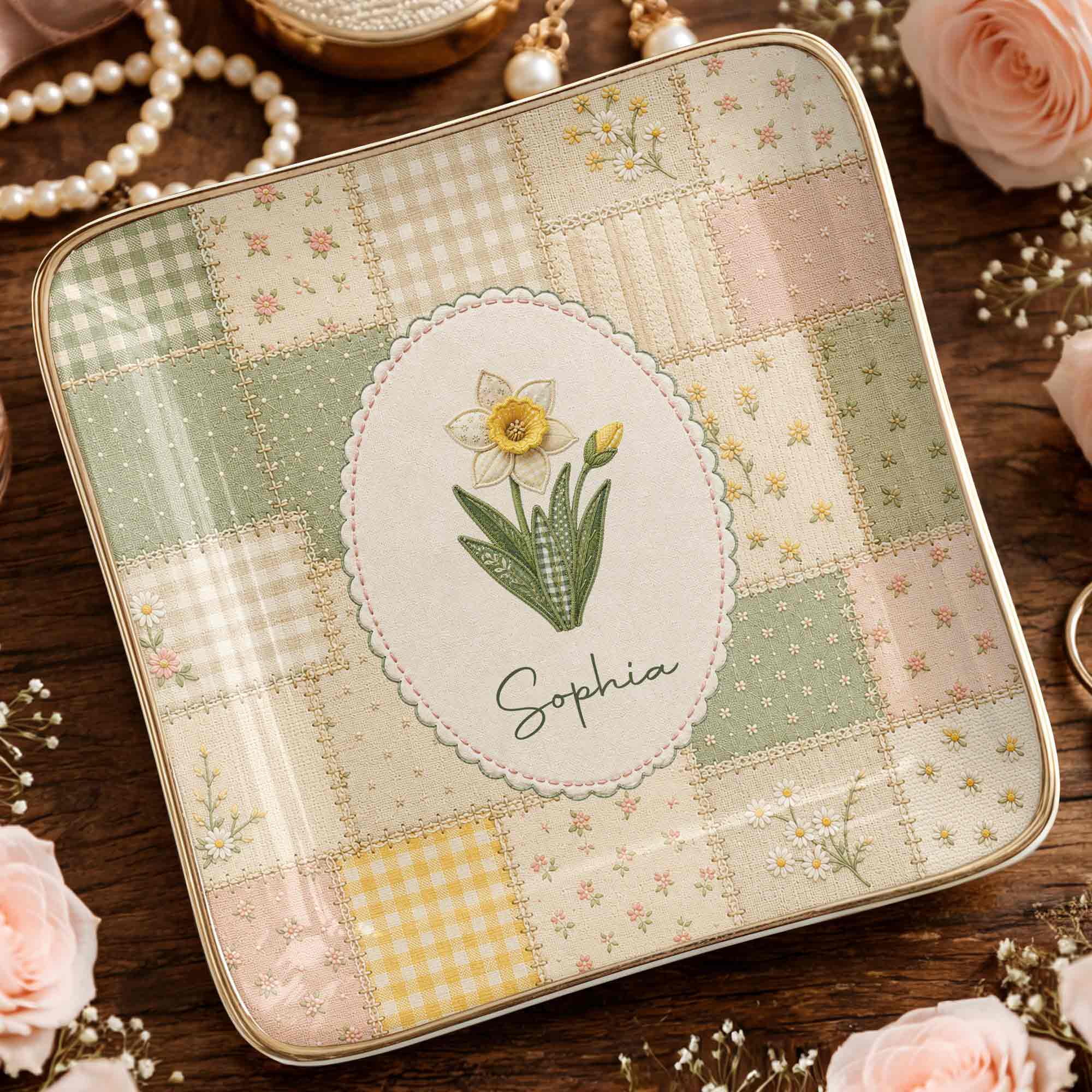 Personalized Ceramic Jewelry Dish Custom Name Birth Month Flowers Jewelry Dish GradoCreations