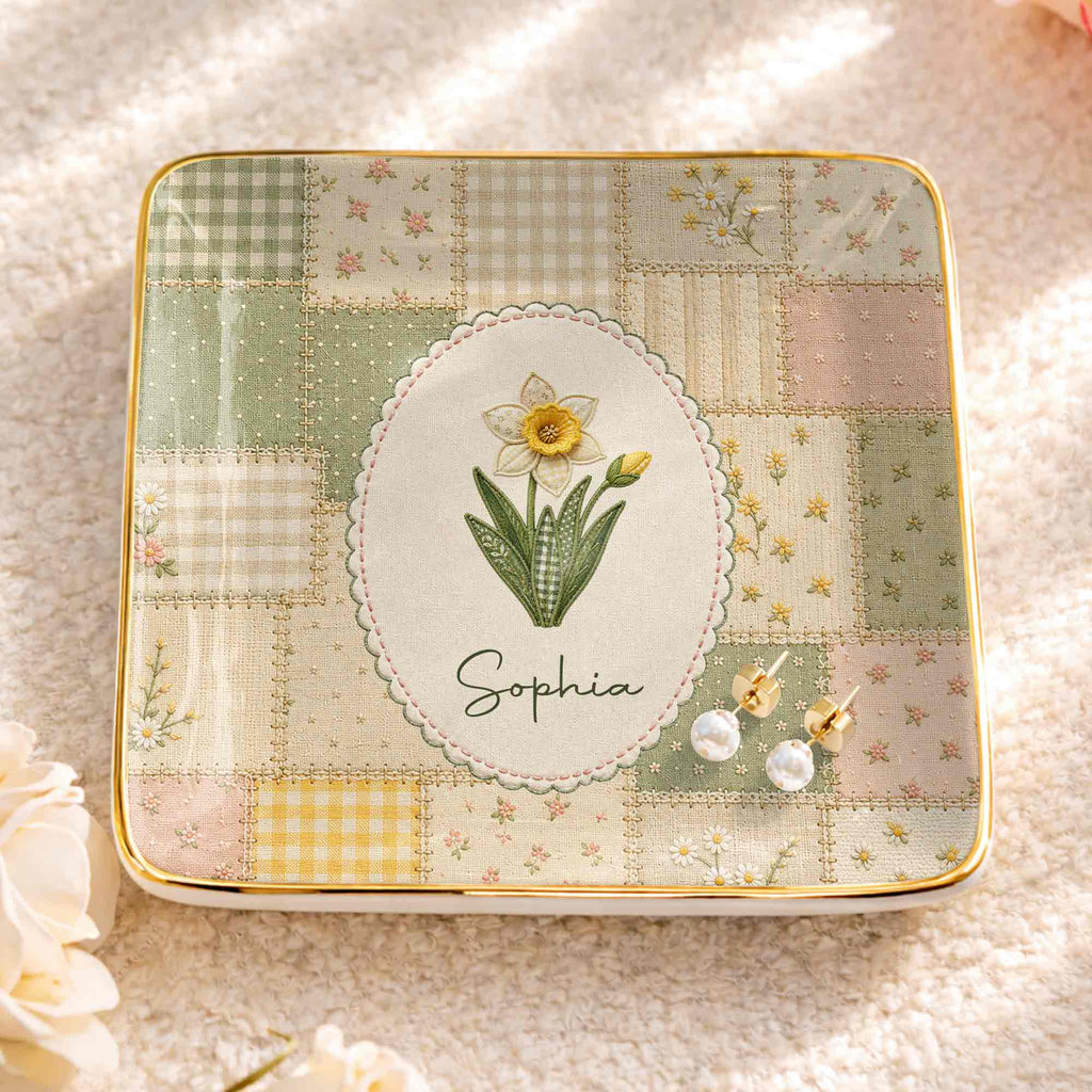 Personalized Ceramic Jewelry Dish Custom Name Birth Month Flowers Jewelry Dish GradoCreations
