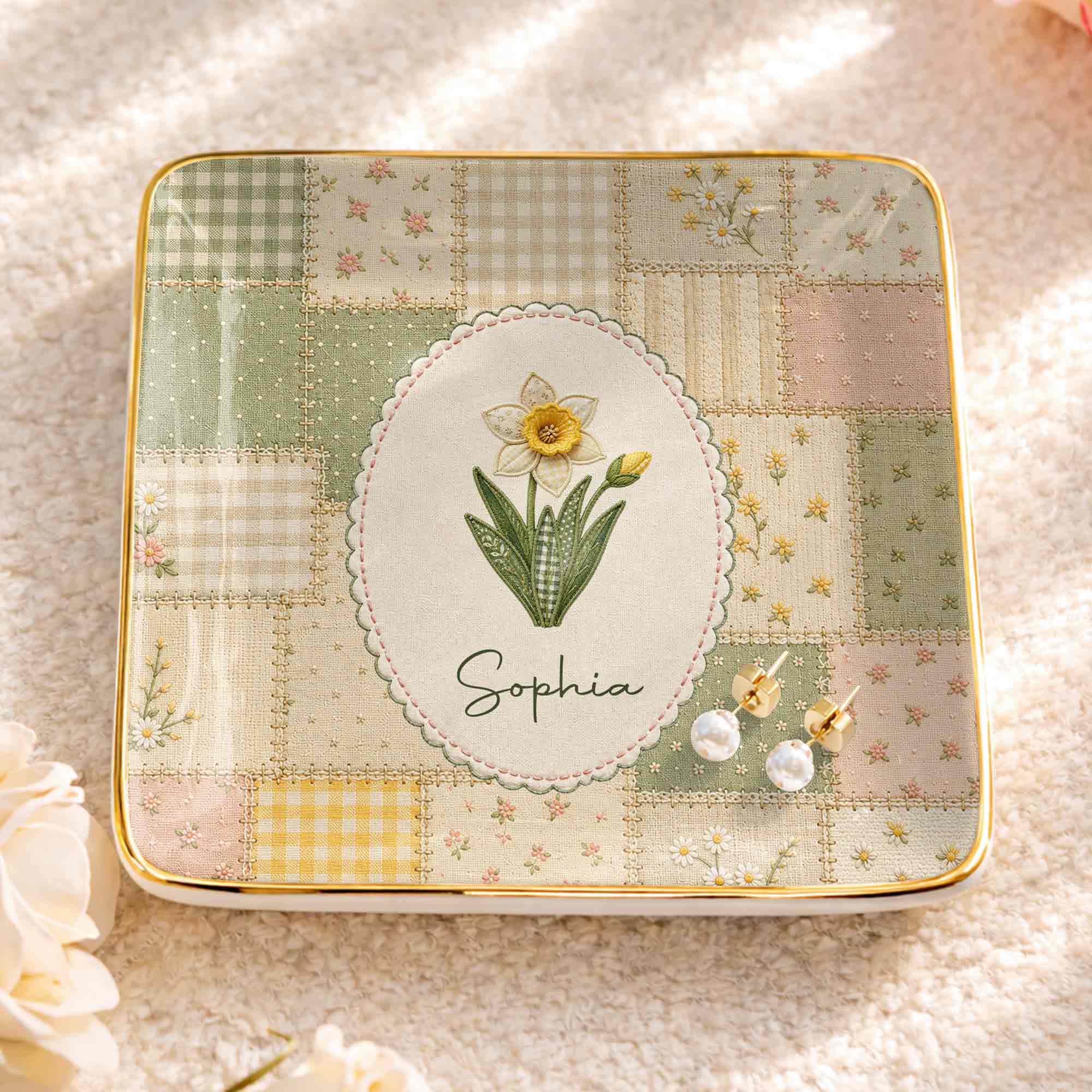 Personalized Ceramic Jewelry Dish Custom Name Birth Month Flowers Jewelry Dish GradoCreations