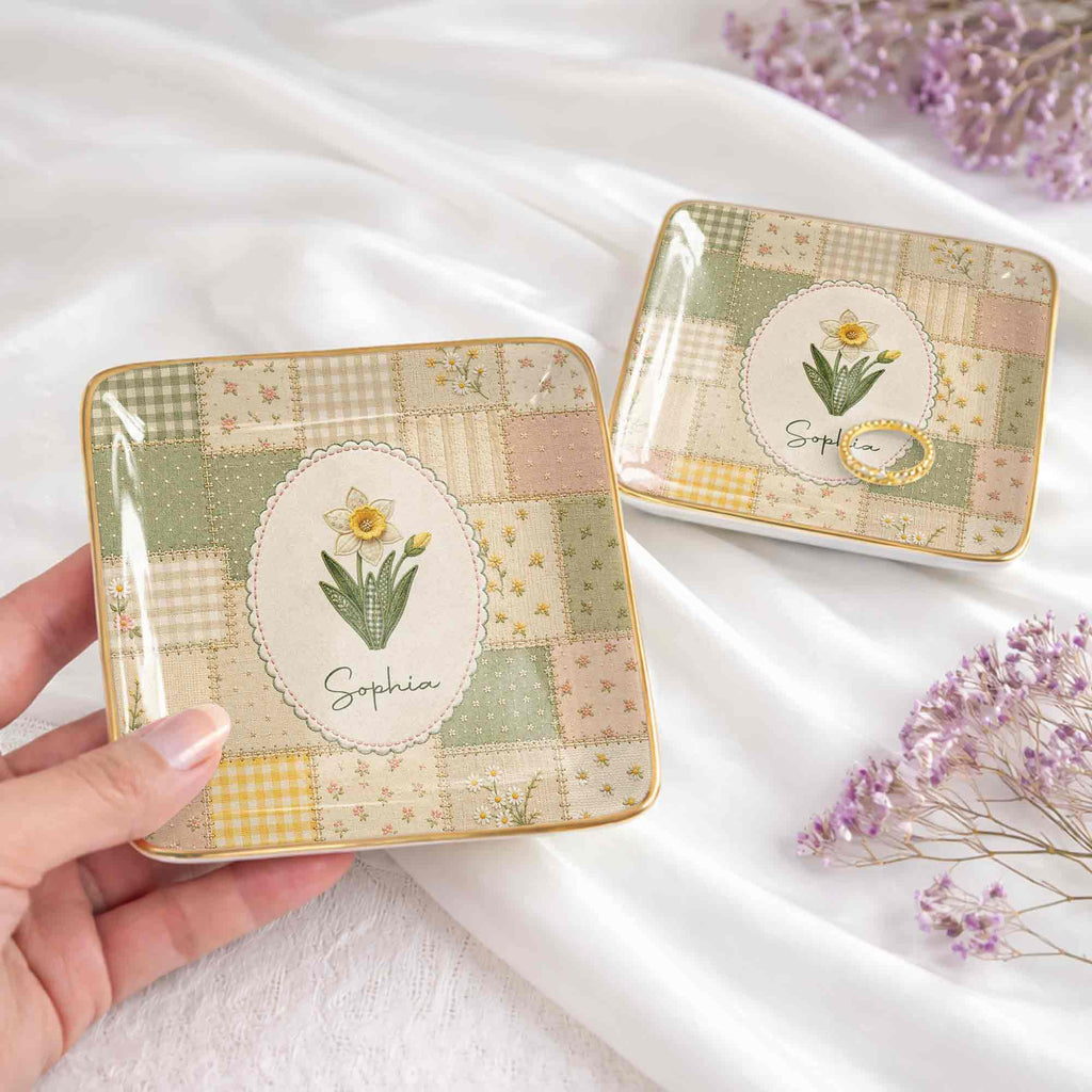 Personalized Ceramic Jewelry Dish Custom Name Birth Month Flowers Jewelry Dish GradoCreations