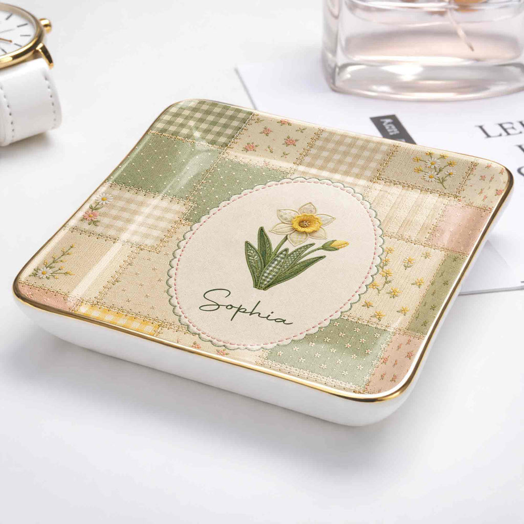 Personalized Ceramic Jewelry Dish Custom Name Birth Month Flowers Jewelry Dish GradoCreations