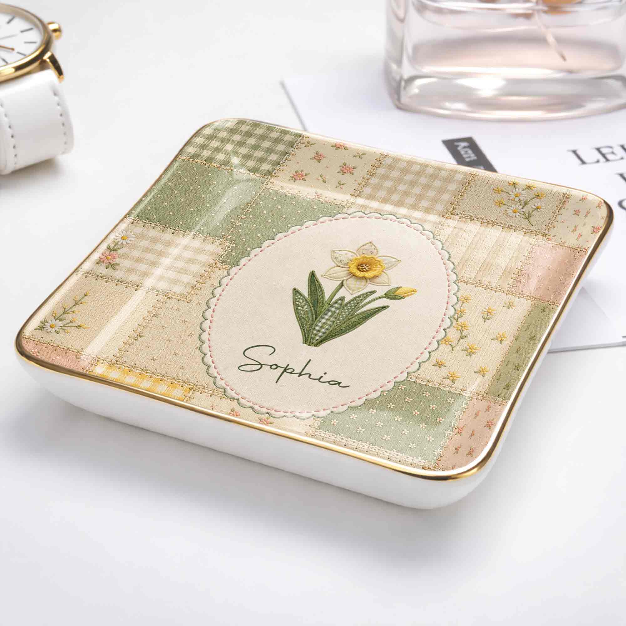 Personalized Ceramic Jewelry Dish Custom Name Birth Month Flowers Jewelry Dish GradoCreations