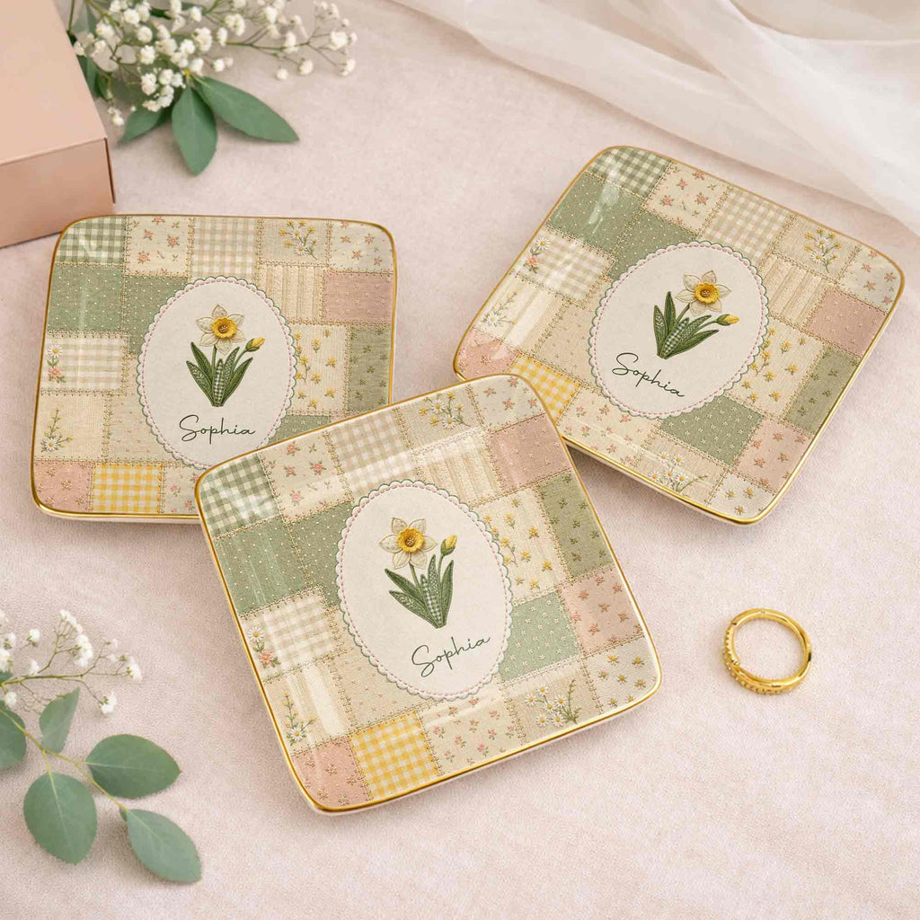 Personalized Ceramic Jewelry Dish Custom Name Birth Month Flowers Jewelry Dish GradoCreations