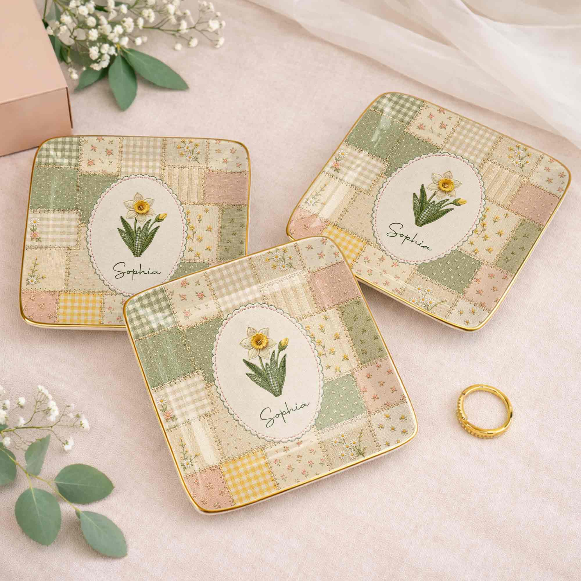 Personalized Ceramic Jewelry Dish Custom Name Birth Month Flowers Jewelry Dish GradoCreations