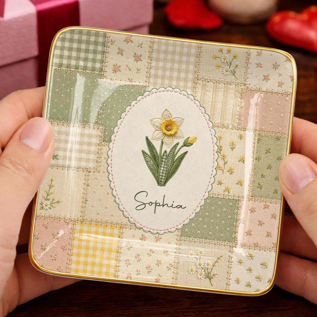 Personalized Ceramic Jewelry Dish Custom Name Birth Month Flowers Jewelry Dish GradoCreations
