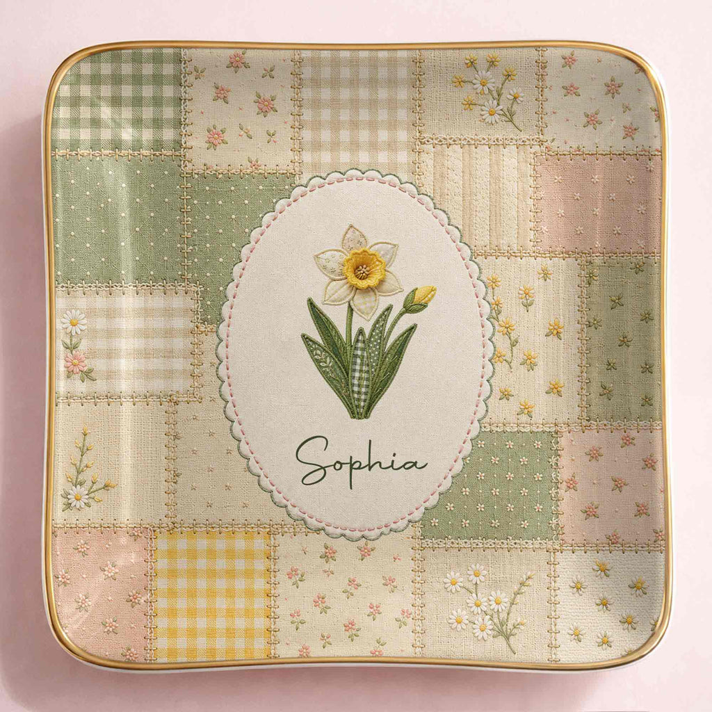 Personalized Ceramic Jewelry Dish Custom Name Birth Month Flowers Jewelry Dish GradoCreations