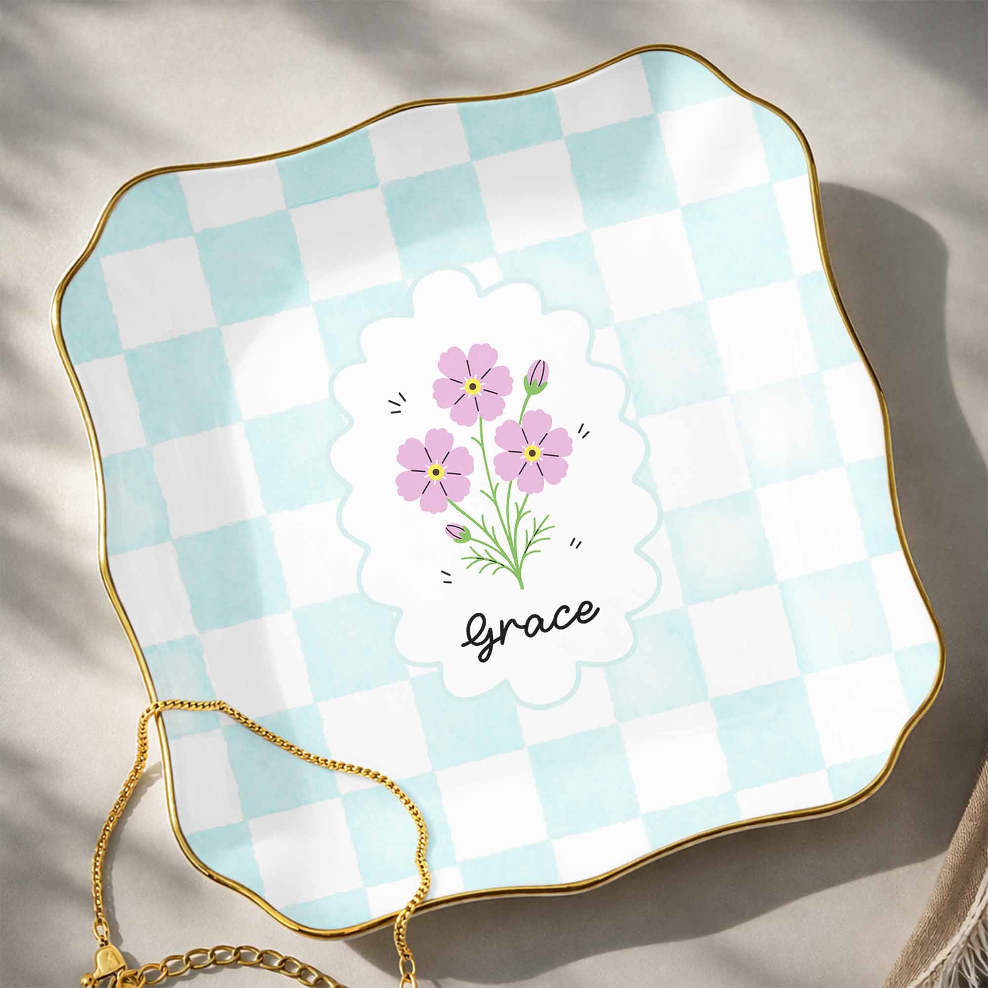 Personalized Lace Jewelry Dish with Birth Month Flowers Gift for Women Lace Square Jewelry Dish GradoCreations