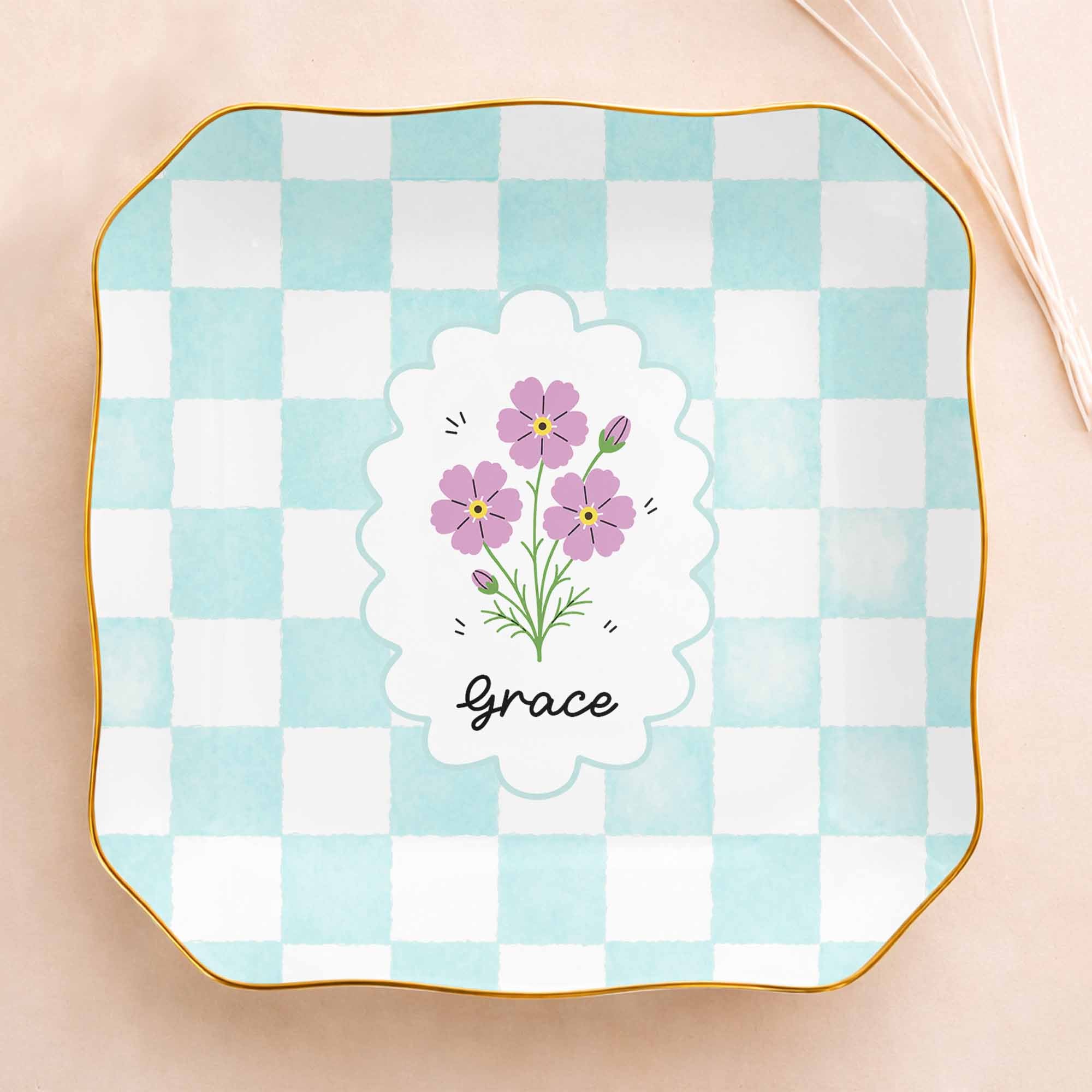 Personalized Lace Jewelry Dish with Birth Month Flowers Gift for Women Lace Square Jewelry Dish GradoCreations
