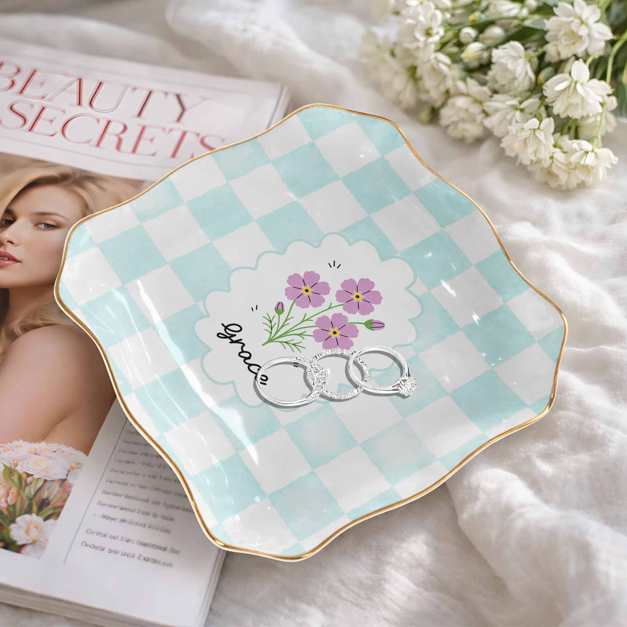 Personalized Lace Jewelry Dish with Birth Month Flowers Gift for Women Lace Square Jewelry Dish GradoCreations