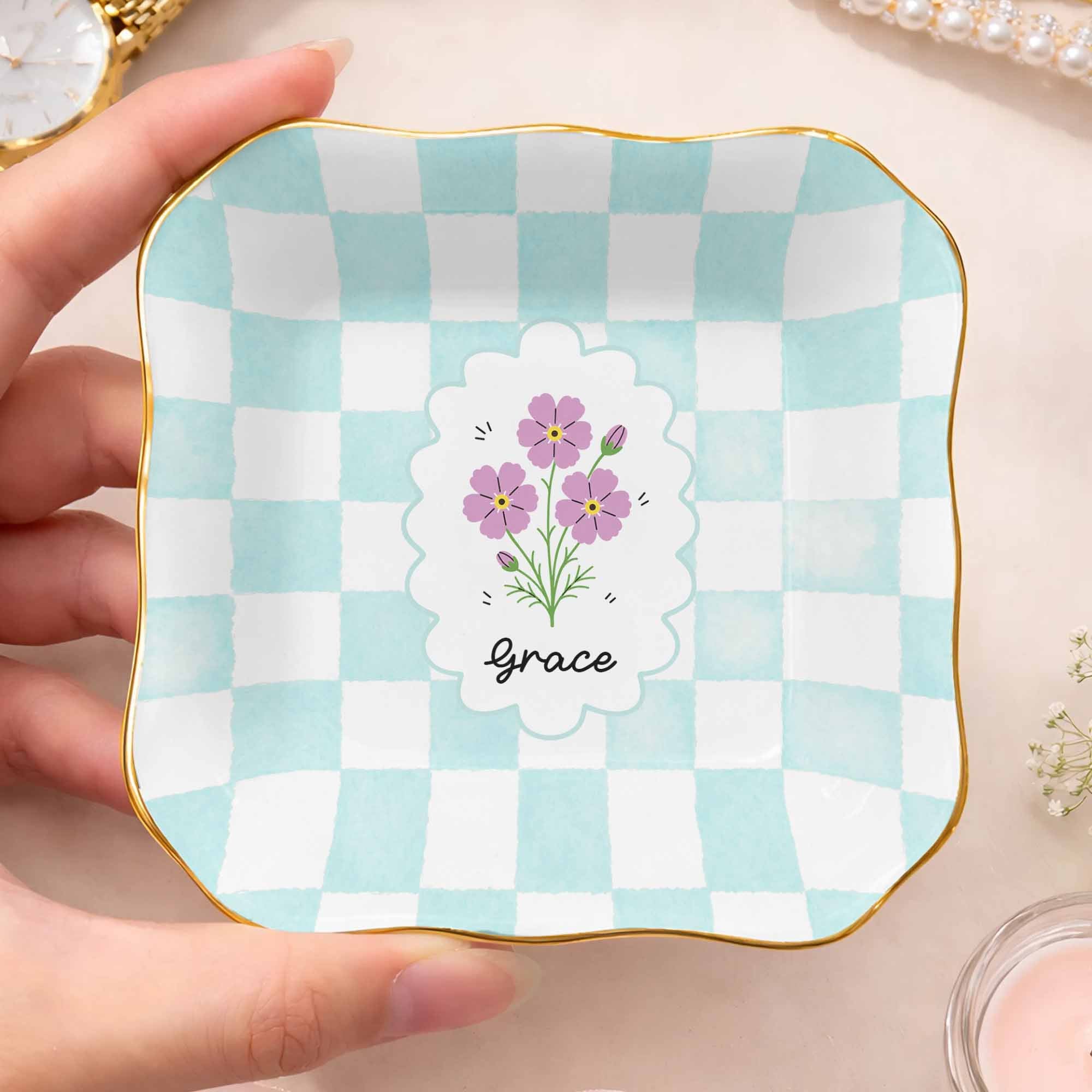 Personalized Lace Jewelry Dish with Birth Month Flowers Gift for Women Lace Square Jewelry Dish GradoCreations