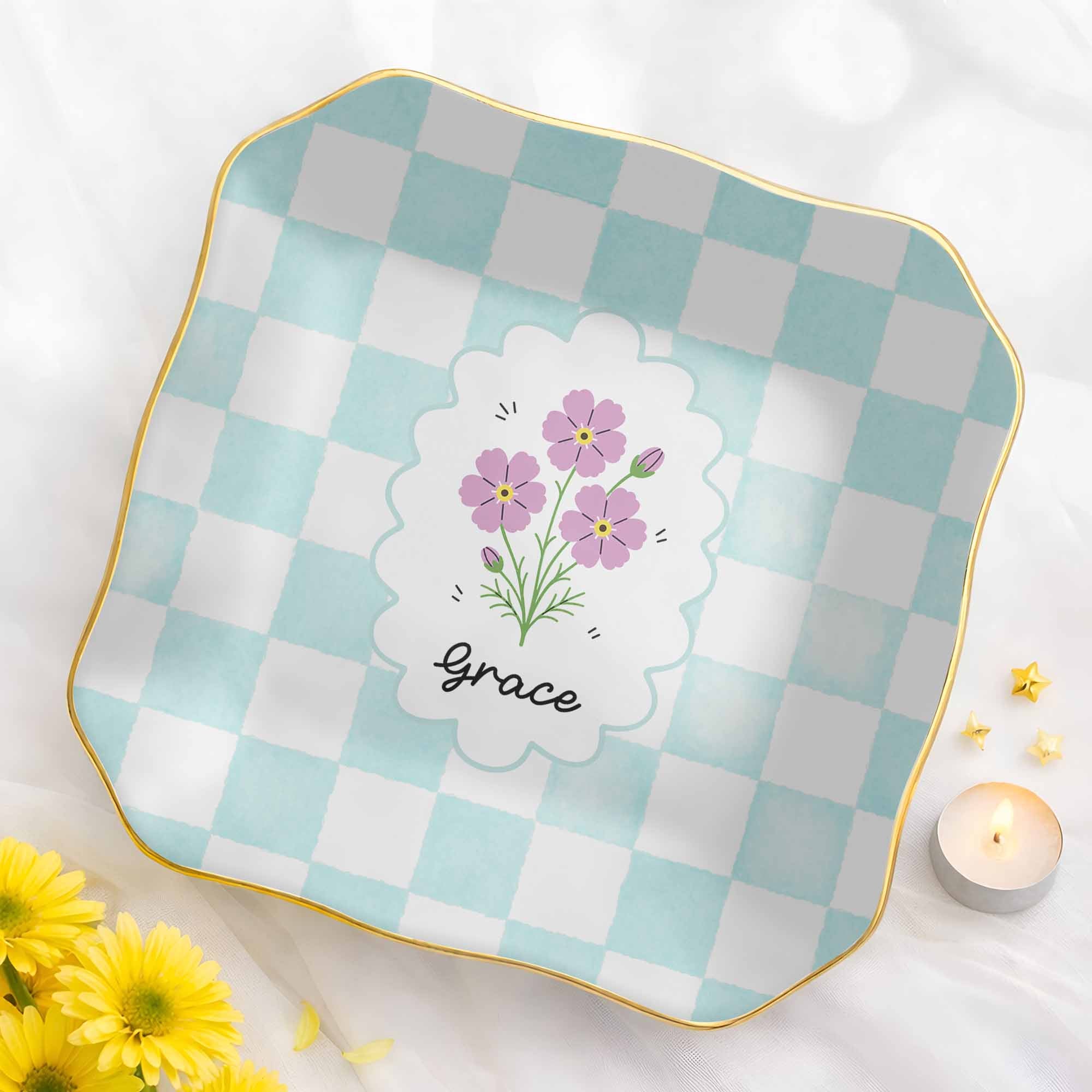 Personalized Lace Jewelry Dish with Birth Month Flowers Gift for Women Lace Square Jewelry Dish GradoCreations