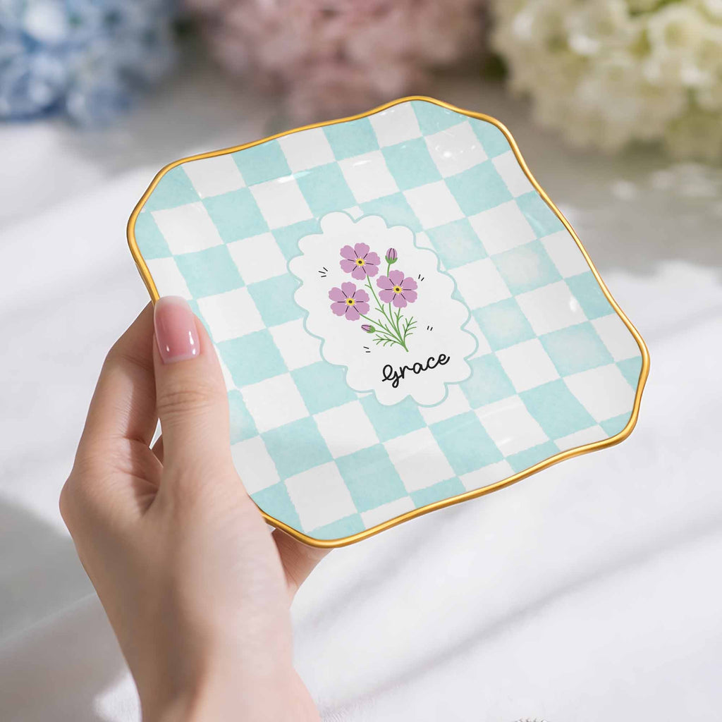 Personalized Lace Jewelry Dish with Birth Month Flowers Gift for Women Lace Square Jewelry Dish GradoCreations