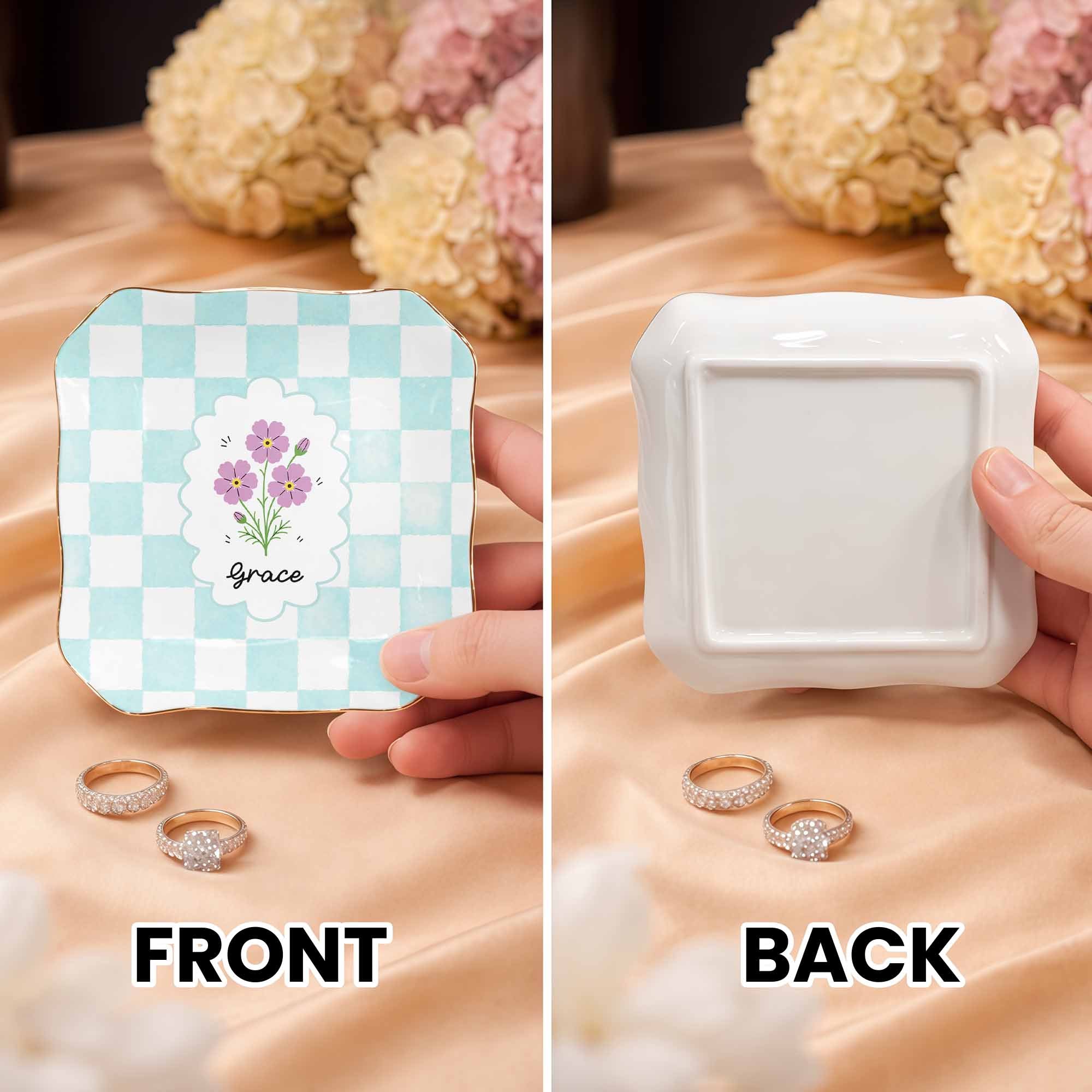Personalized Lace Jewelry Dish with Birth Month Flowers Gift for Women Lace Square Jewelry Dish GradoCreations