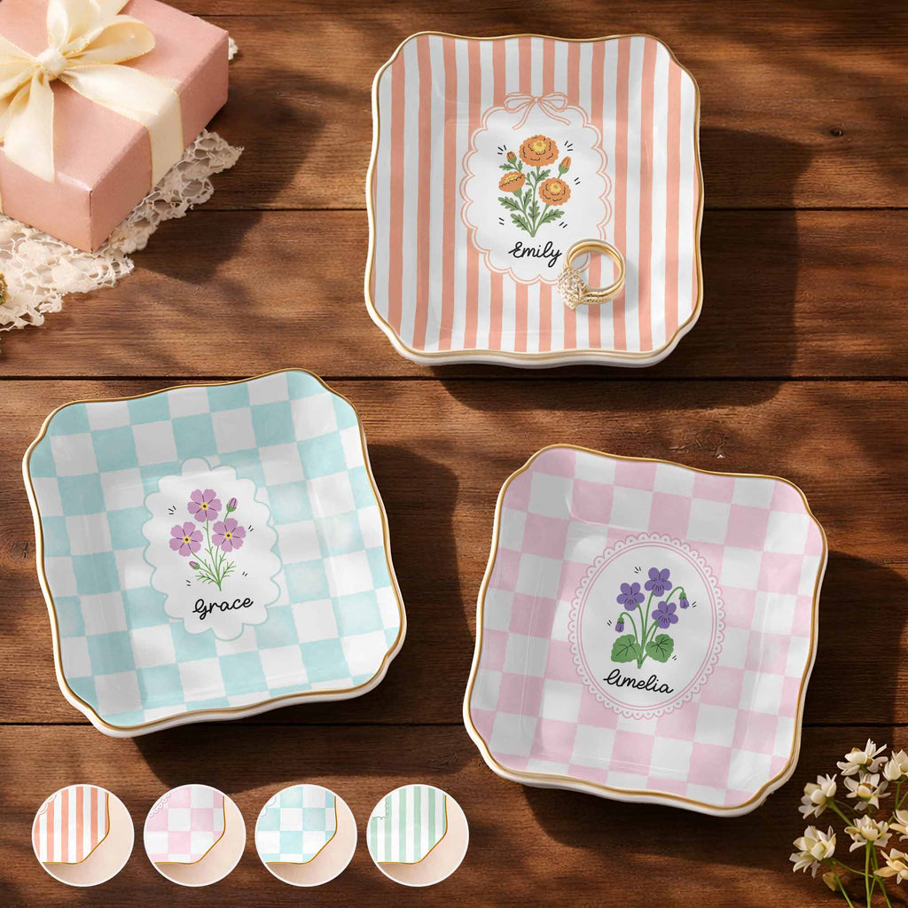Personalized Lace Jewelry Dish with Birth Month Flowers Gift for Women Lace Square Jewelry Dish GradoCreations