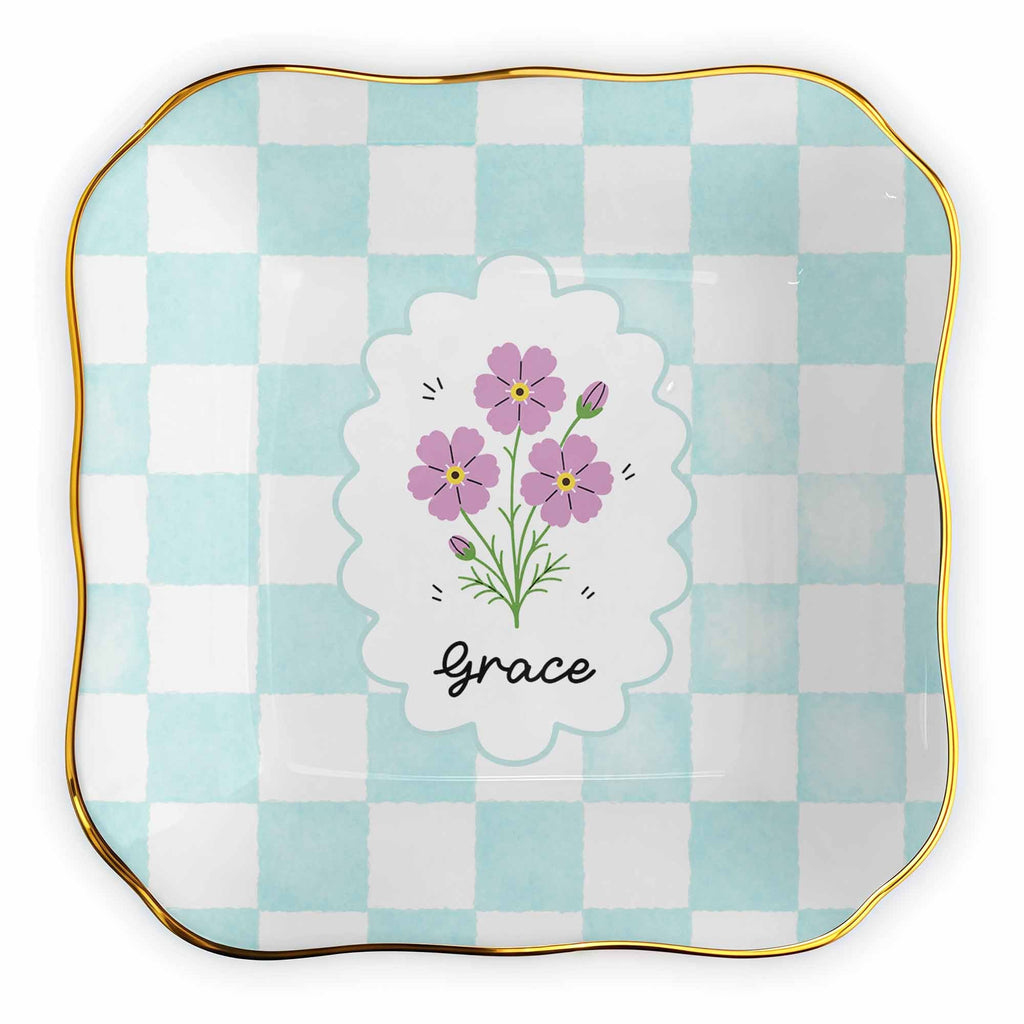 Personalized Lace Jewelry Dish with Birth Month Flowers Gift for Women Lace Square Jewelry Dish GradoCreations