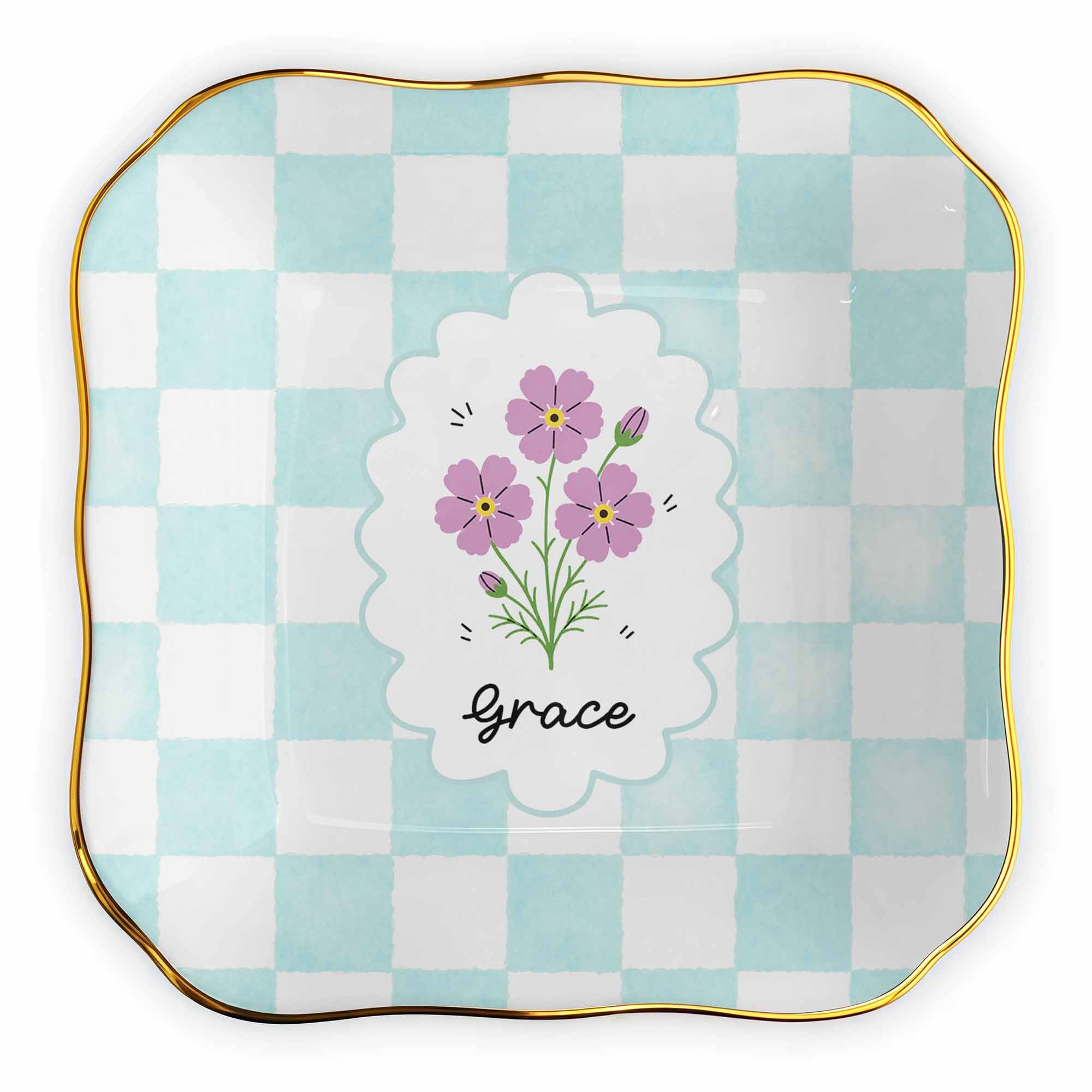 Personalized Lace Jewelry Dish with Birth Month Flowers Gift for Women Lace Square Jewelry Dish GradoCreations