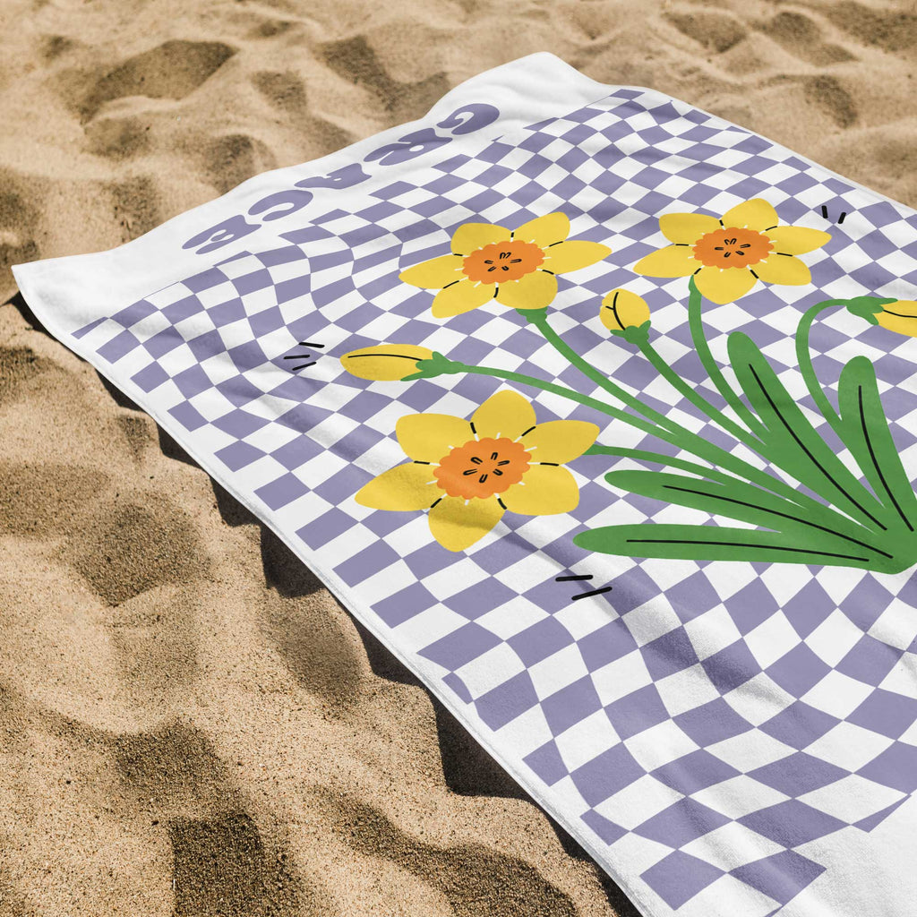 Personalized Beach Towel Custom Name Birth Month Flowers Gift for Mom Beach Towels GradoCreations