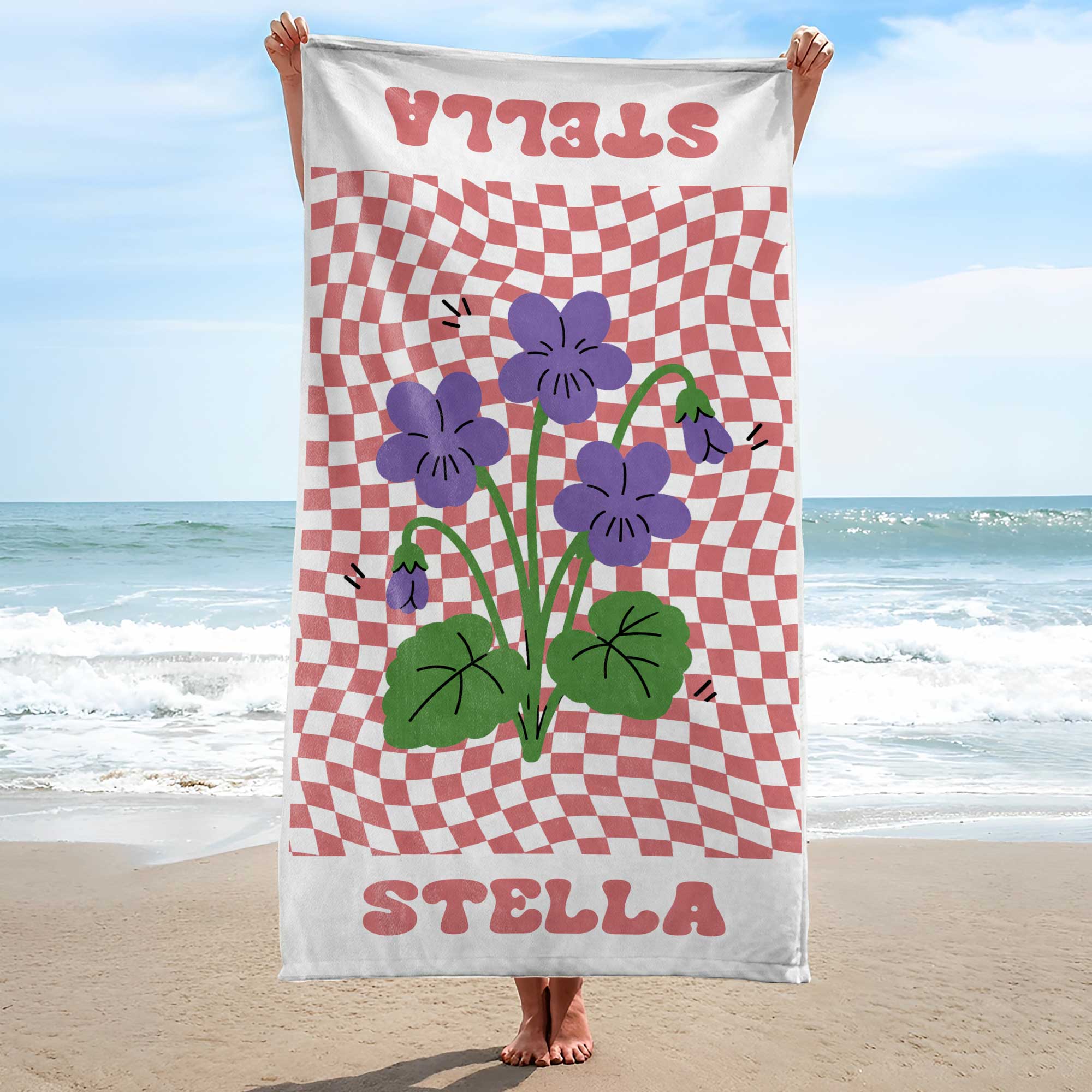 Personalized Beach Towel Custom Name Birth Month Flowers Gift for Mom Beach Towels GradoCreations