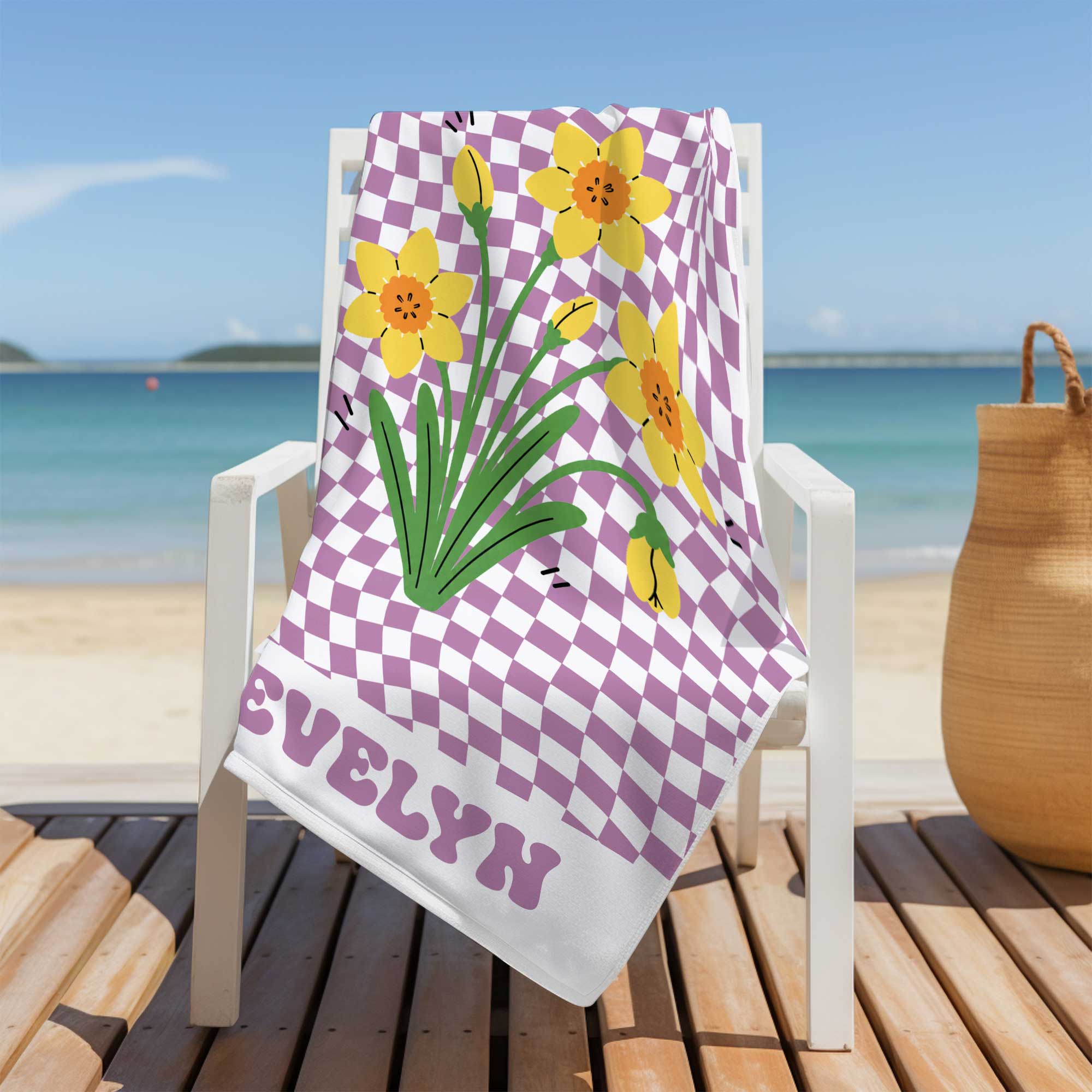 Personalized Beach Towel Custom Name Birth Month Flowers Gift for Mom Beach Towels GradoCreations