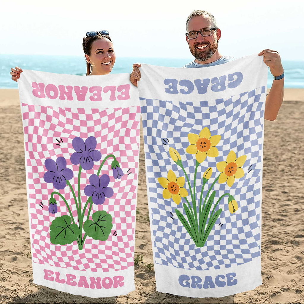 Personalized Beach Towel Custom Name Birth Month Flowers Gift for Mom Beach Towels GradoCreations
