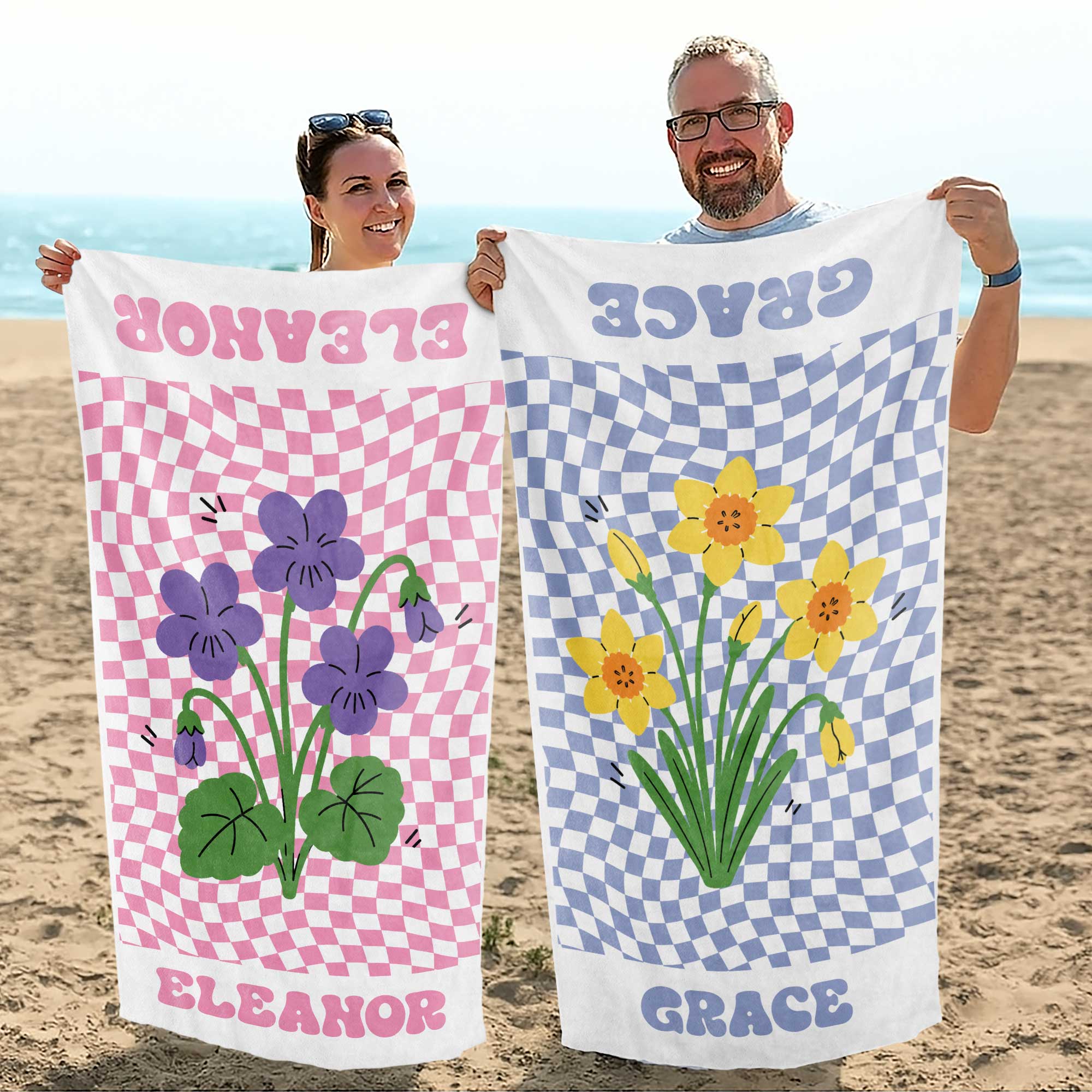 Personalized Beach Towel Custom Name Birth Month Flowers Gift for Mom Beach Towels GradoCreations