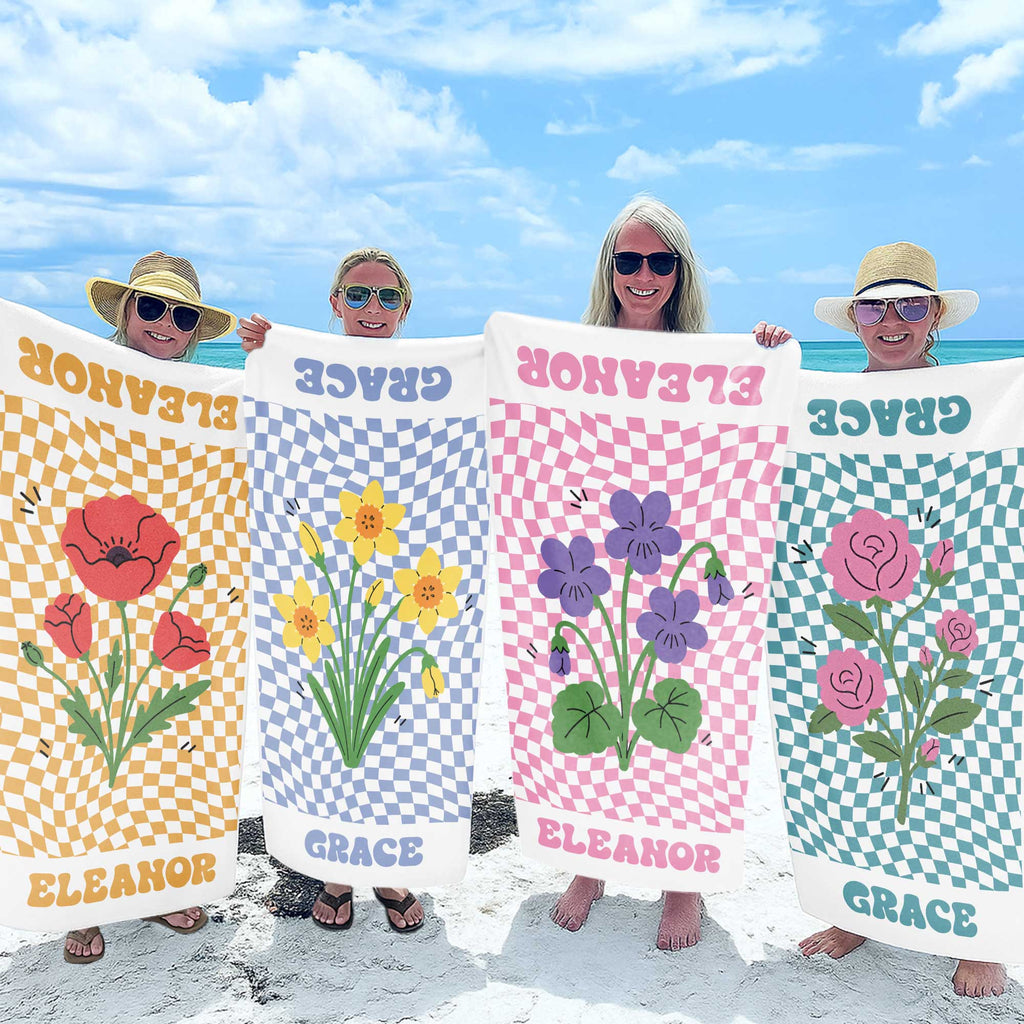 Personalized Beach Towel Custom Name Birth Month Flowers Gift for Mom Beach Towels GradoCreations