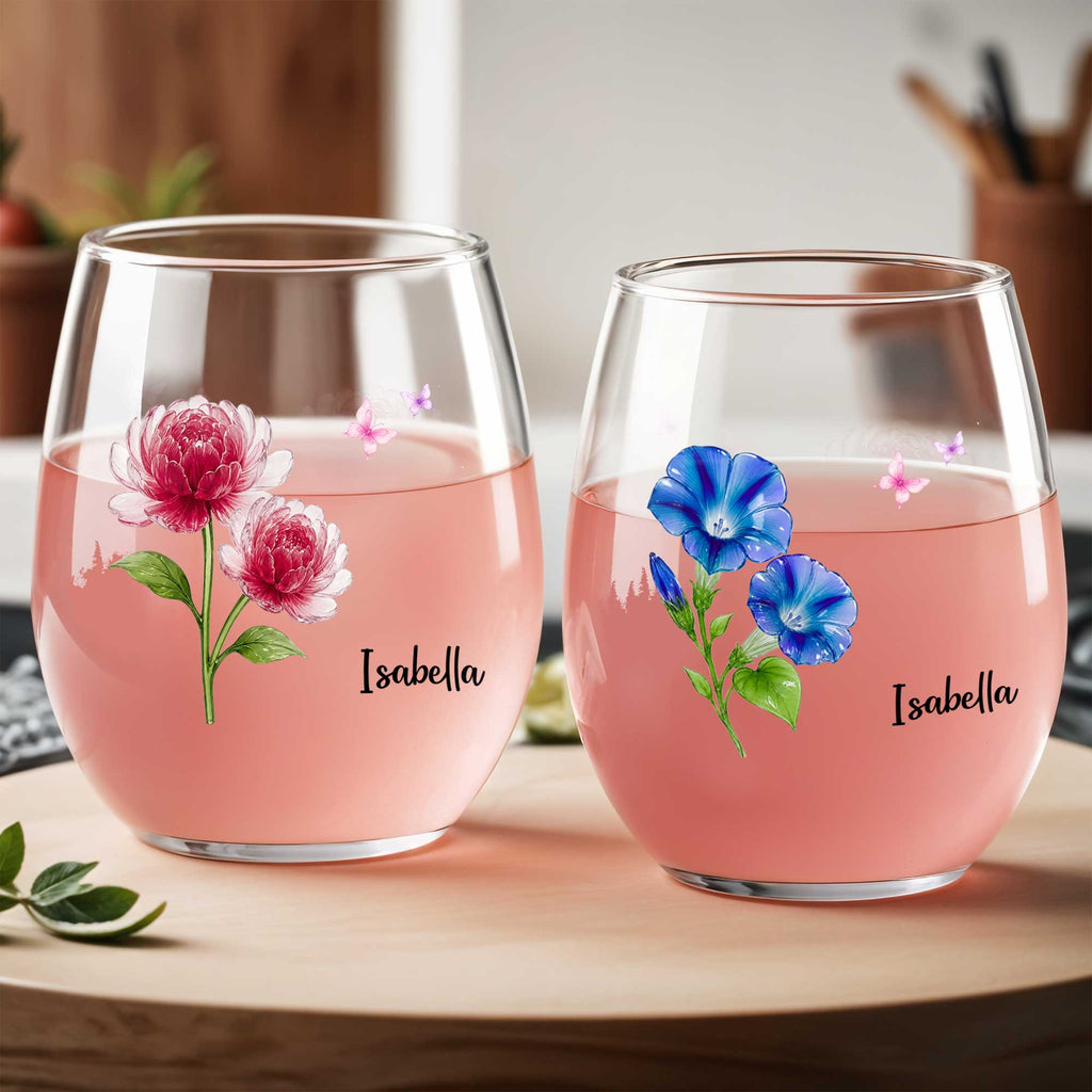 Personalized Stemless Wine Glass Custom Name Birth Month Gift for Her Wine Glasses GradoCreations