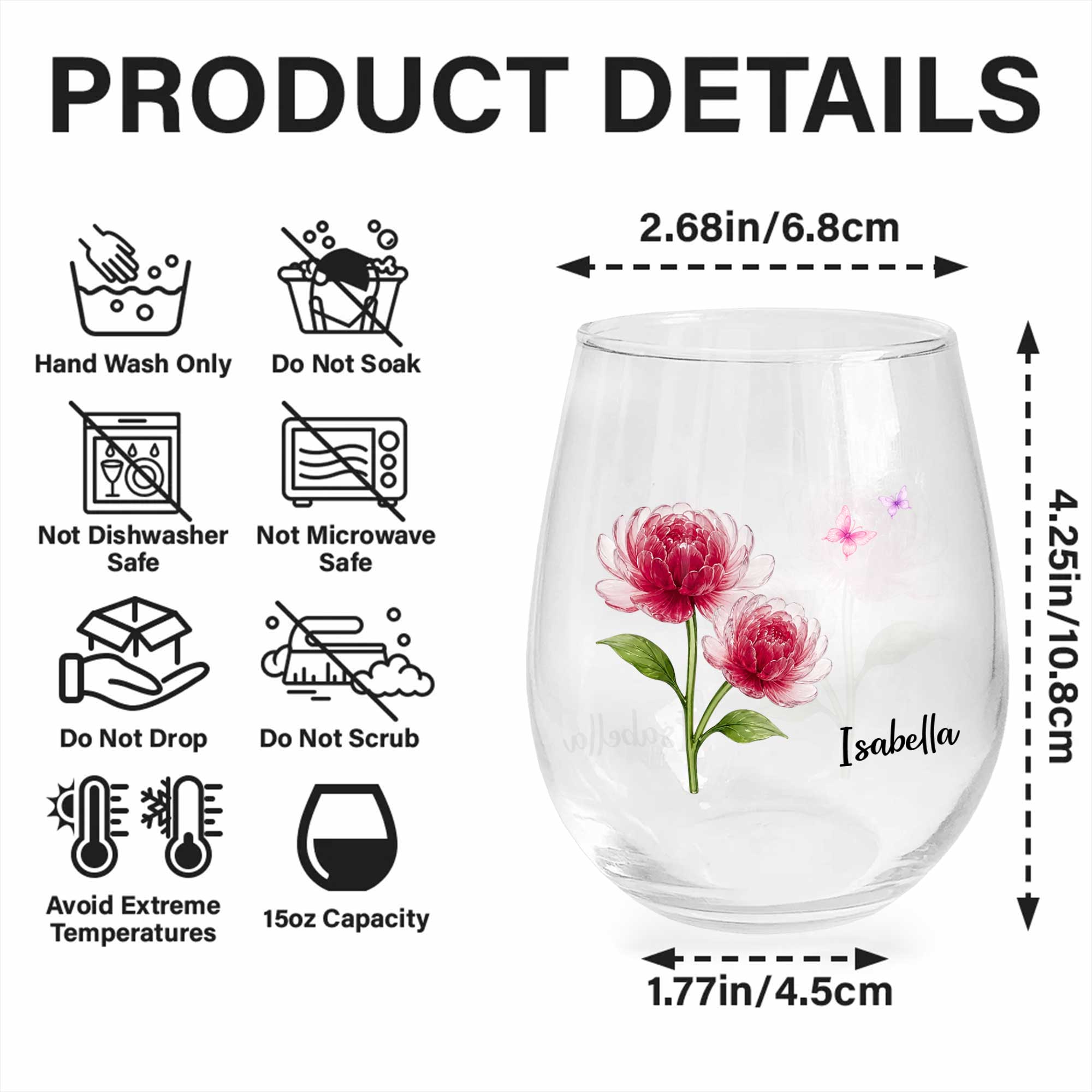 Personalized Stemless Wine Glass Custom Name Birth Month Gift for Her Wine Glasses GradoCreations