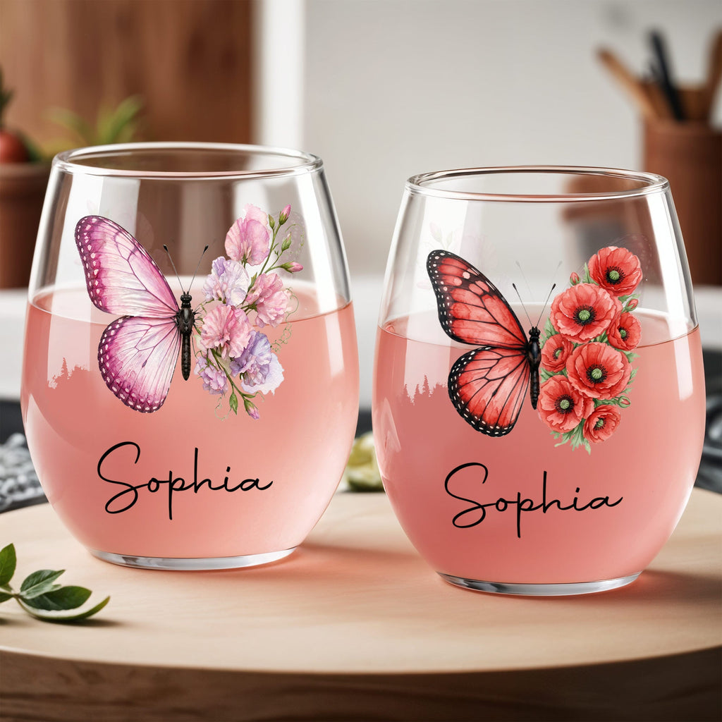 Personalized Stemless Wine Glass Custom Birth Month Flower Gift for Her Wine Glasses GradoCreations