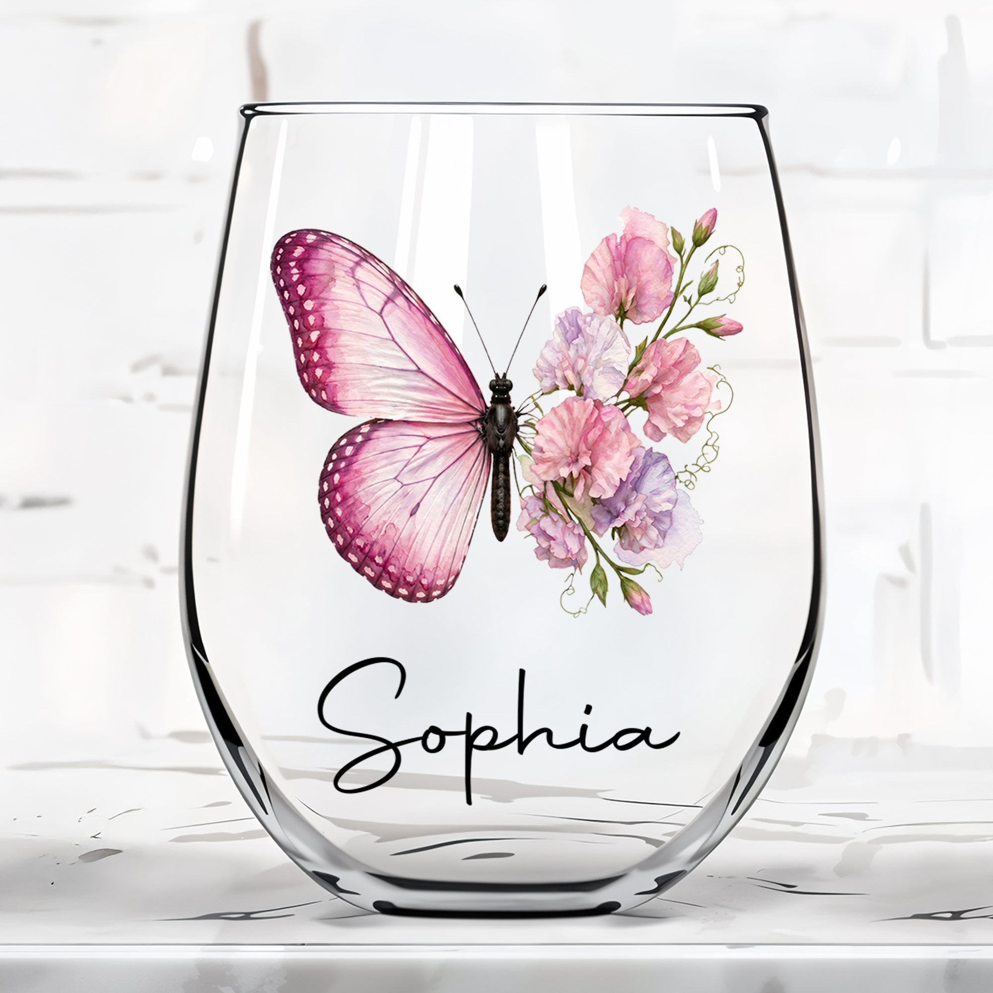 Personalized Stemless Wine Glass Custom Birth Month Flower Gift for Her Wine Glasses GradoCreations